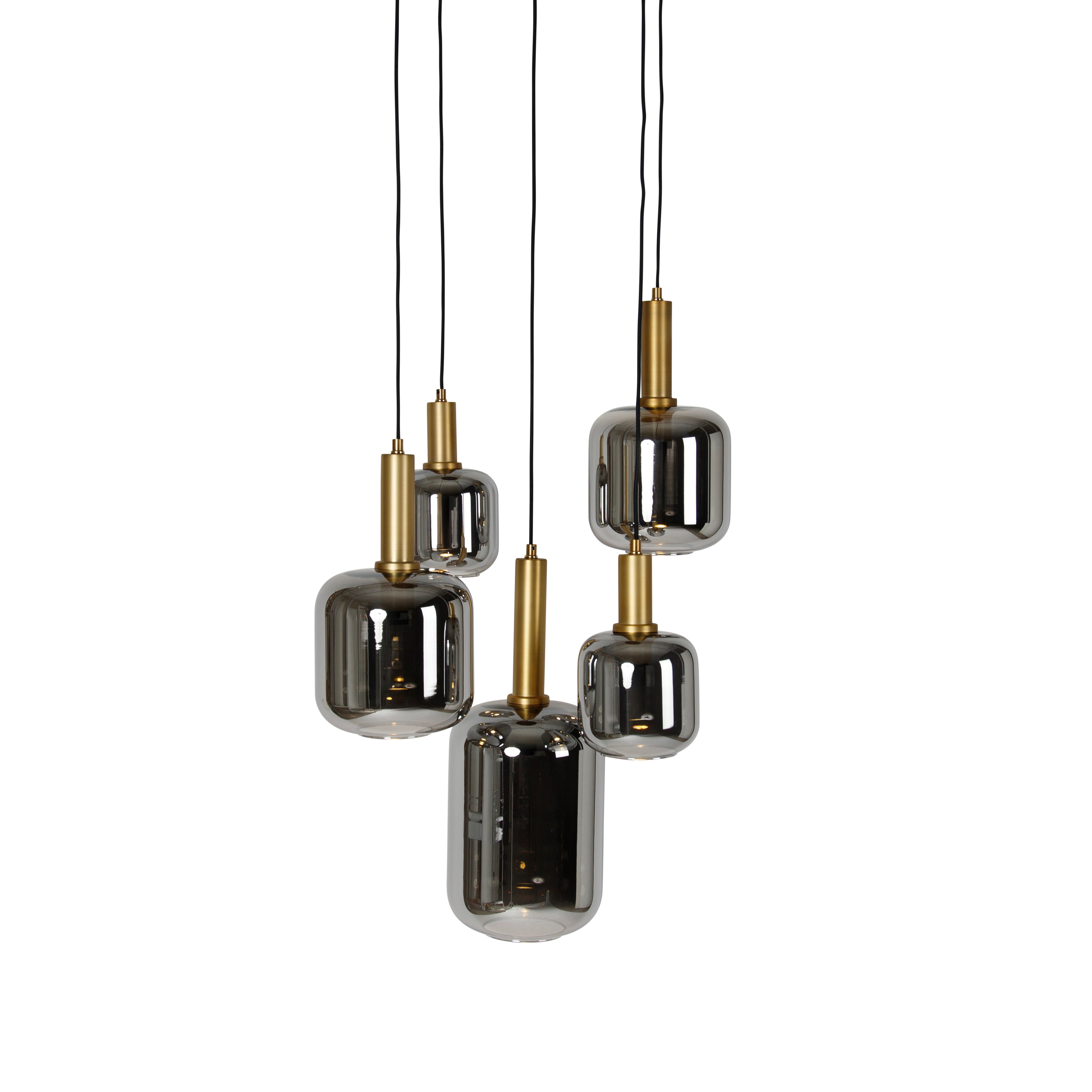 Hanglamp zwart met goud met smoke glas incl. 5 PUCC - Zuzanna