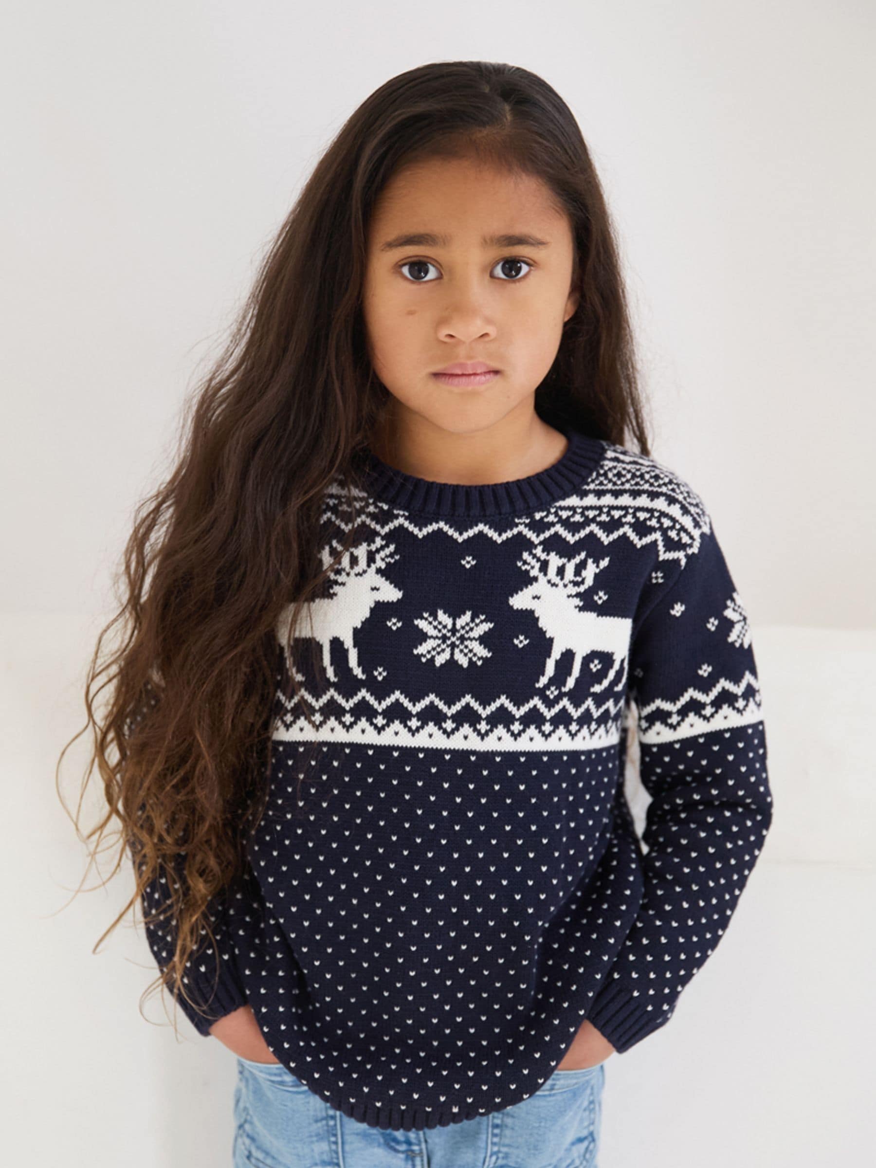 Marineblauw - The Little Tailor kinderkersttrui met rendier-fairislepatroon