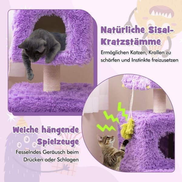 Kattskrapestolpe Liten 111 cm monstertema kattetre med 2 kattehuler og avtagbar topp lilla