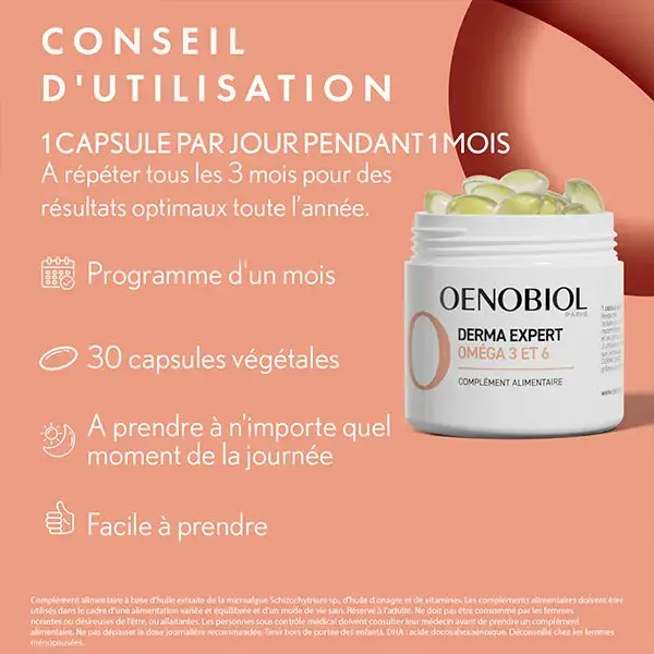 Oenobiol Complément Alimentaire Derma Expert Omega 3 et 6 - 30 Capsules Végétales