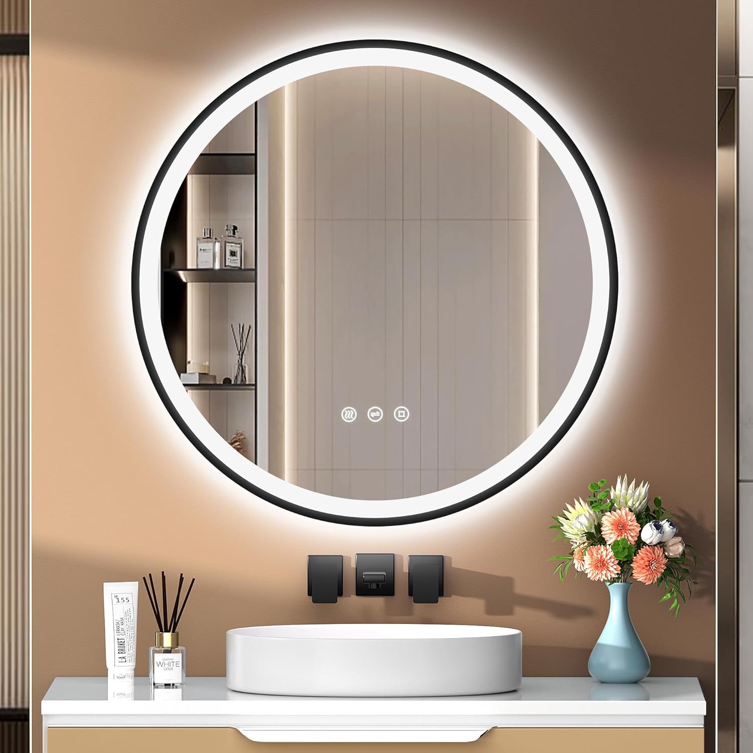 80cm Badezimmerspiegel mit Beleuchtung – Spiegel Schwarzer Rahmen, Antibeschlag, Dimmbar, 3 Lichtfarben, LED Badspiegel mit Touch-Schalter, Speicherfunktion & Energiesparend, Schwarz