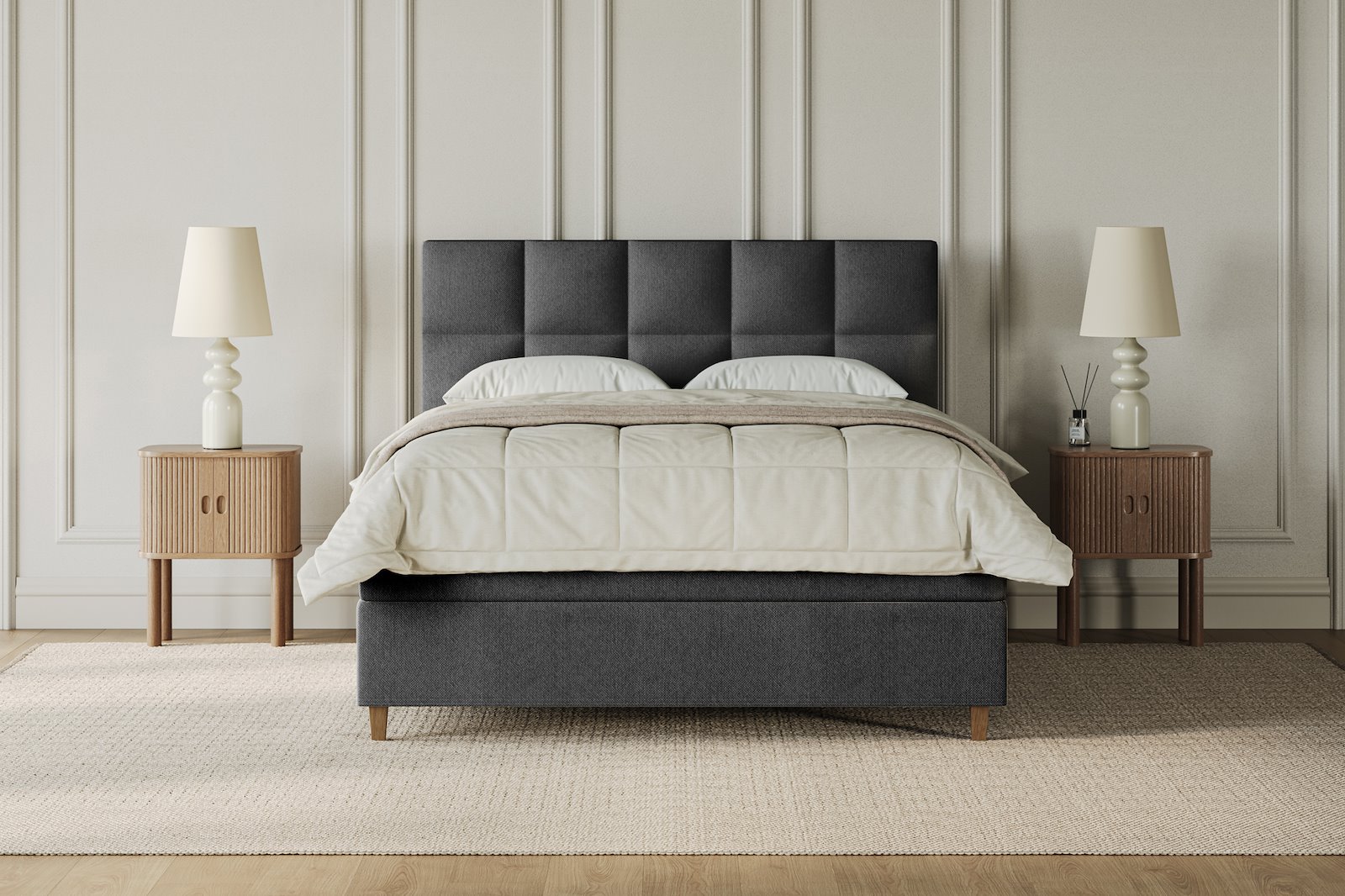 XOV Venus Kontinentalseng 150x200 cm i tekstil Terranova 09 grå, medium/fast med Premium 15 overmadrass og sort firkantede ben, gavl selges separate