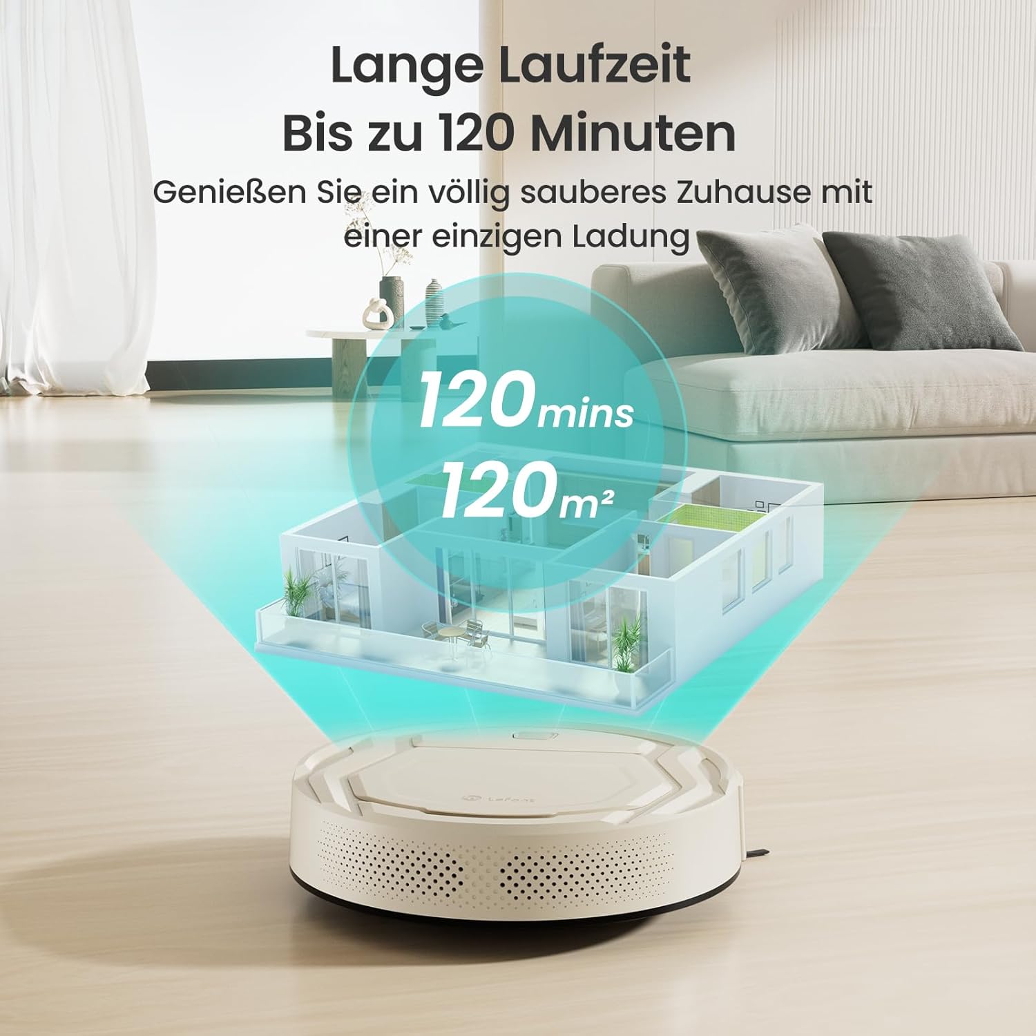 LEFANT M210P Staubsauger Roboter, Saugleistung 2200 Pa, Leise 55dB, Unterstützt WLAN-/Bluetooth-/Alexa-/App-Verbindung, Akkulaufzeit von 120 Minuten, ideal für Tierhaare und Hartböden.