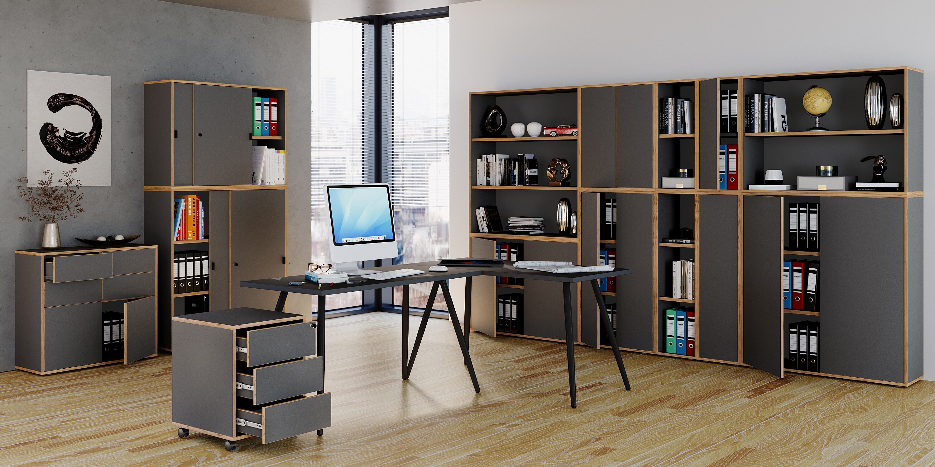 VCM Holz Büroschrank Ordner Aktenschrank Büromöbel Schrank Salia 5-fach Breite 60 cm Schiebetüren