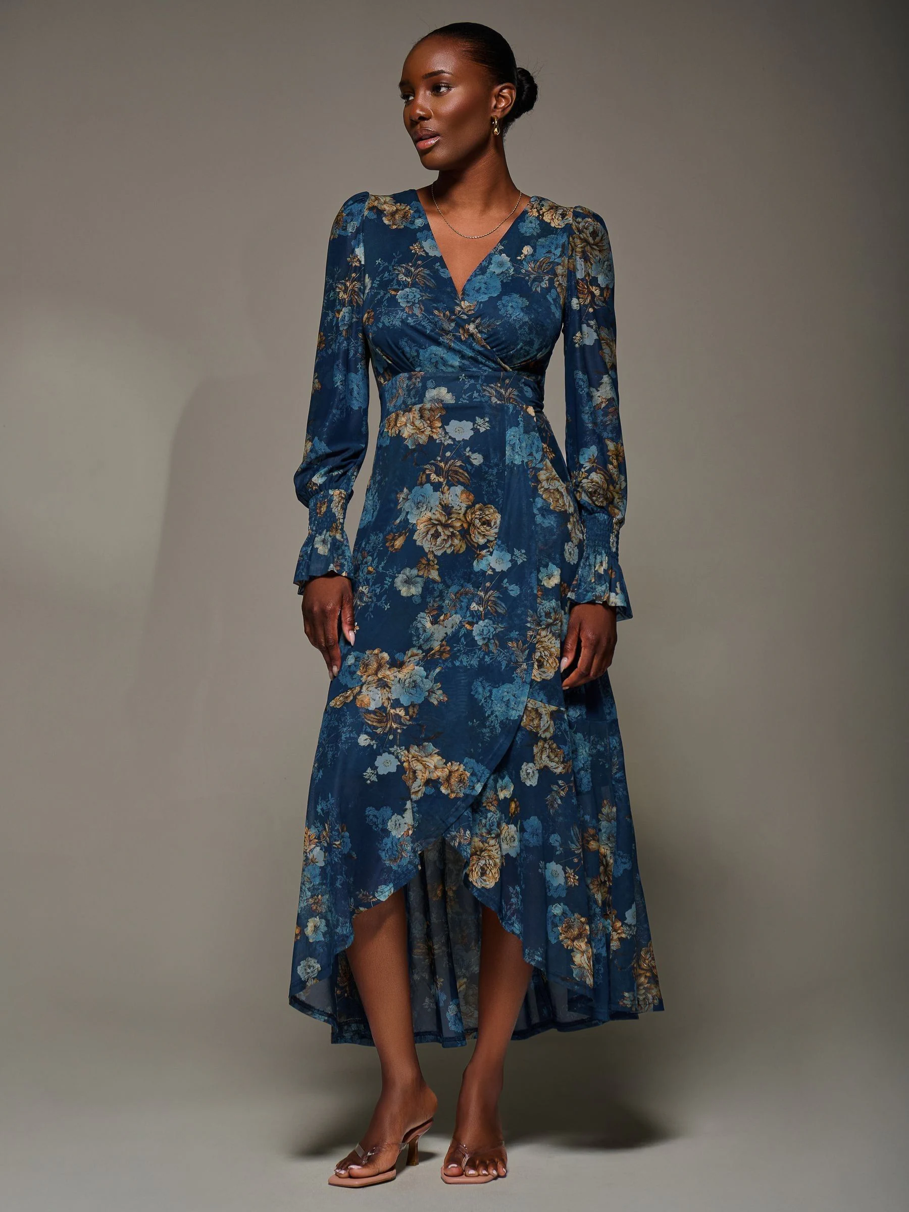 Jolie Moi Long Sleeve Frill Hem Mesh Maxi Dress
