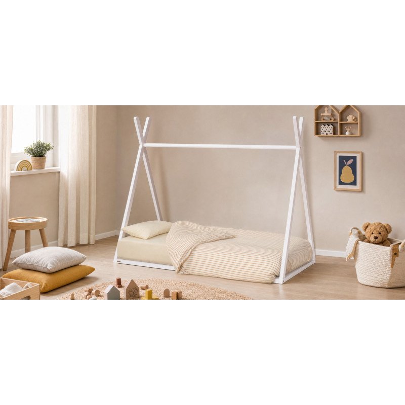 Lit tipi Maralis en bois de hêtre avec finition blanche pour matelas de 70 x 140 cm