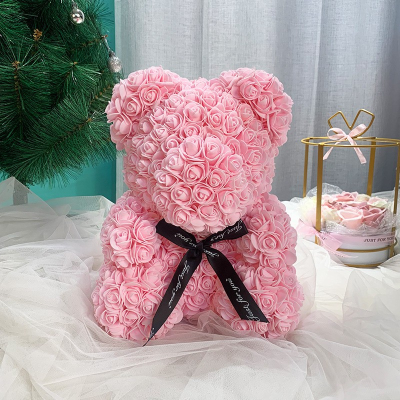 (15x24cm) Romantischer Rosen Bär Künstliche Blumen Deko Teddybär Geschenkidee für Valentinstag / Hochzeit / Geburtstag - Rosa