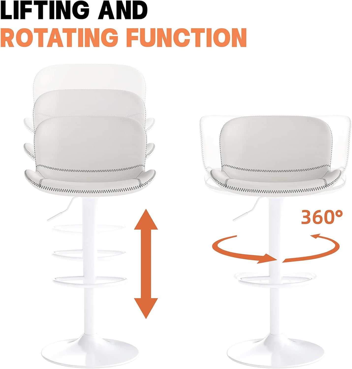 Youhauchair Barhocker 2er Set, Barhocker Höhenverstellbar aus Kunstleder, wasserdicht und verschleißfest, Barhocker mit Lehne, Drehbarer bar Stool, modern, Weiß
