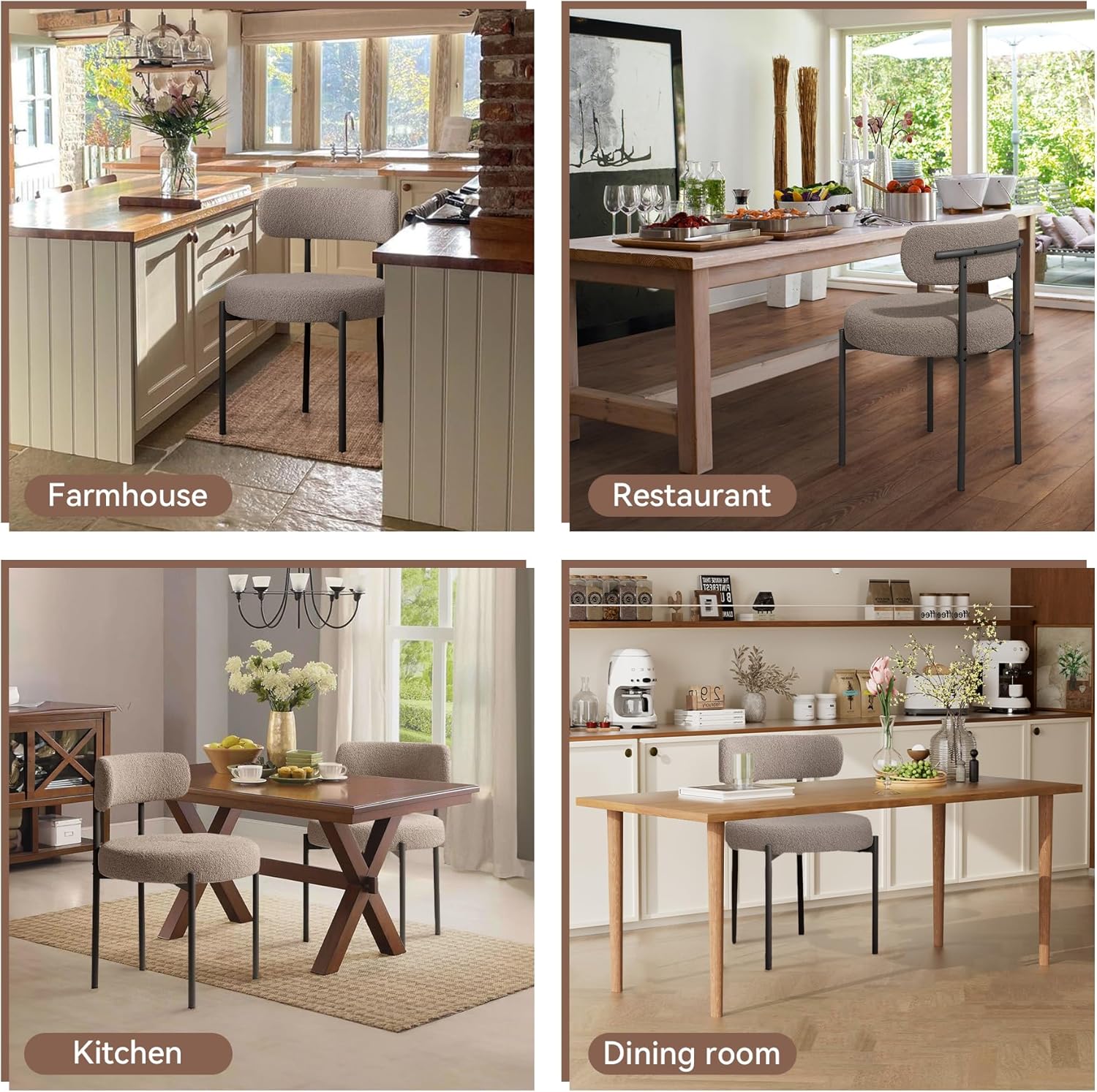 Esszimmerstühle 4er Set丨Teddy Stoff Runde Boucle Stühle·Mid-Century gepolsterte Küchenstühle·Dining Chairs mit Metallbeinen·Grau