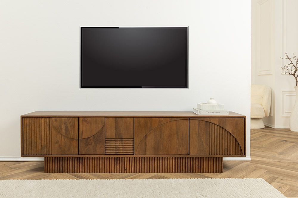 Massivholz TV-Lowboard ART DECO 200cm braun smoked Mangoholz 3D-Front