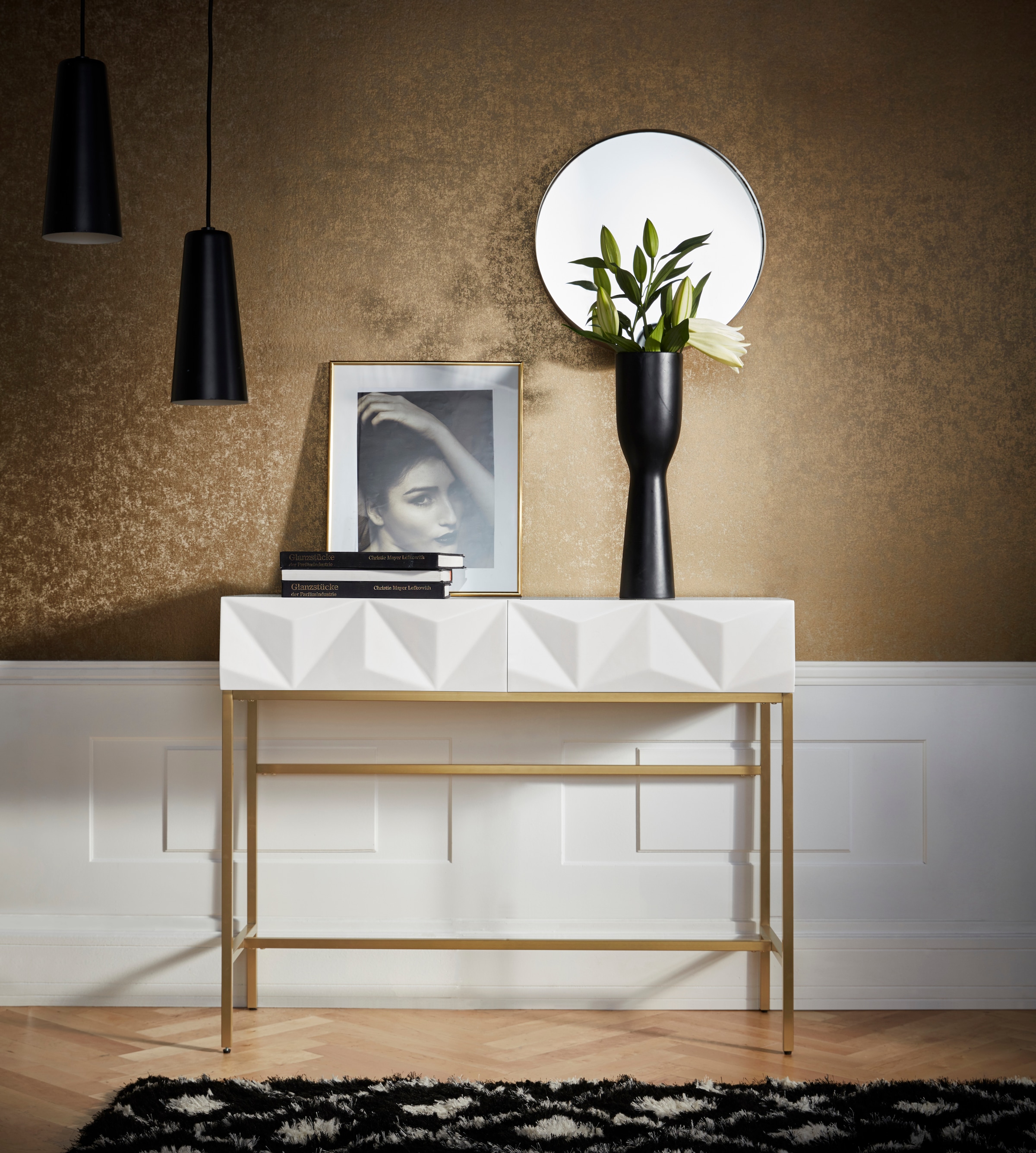 Leonique Sideboard »Minfi, TOPSELLER!, OTTOs Choice« in 3D-Optik, Konsolentisch mit goldfarbenem Metallgestell
