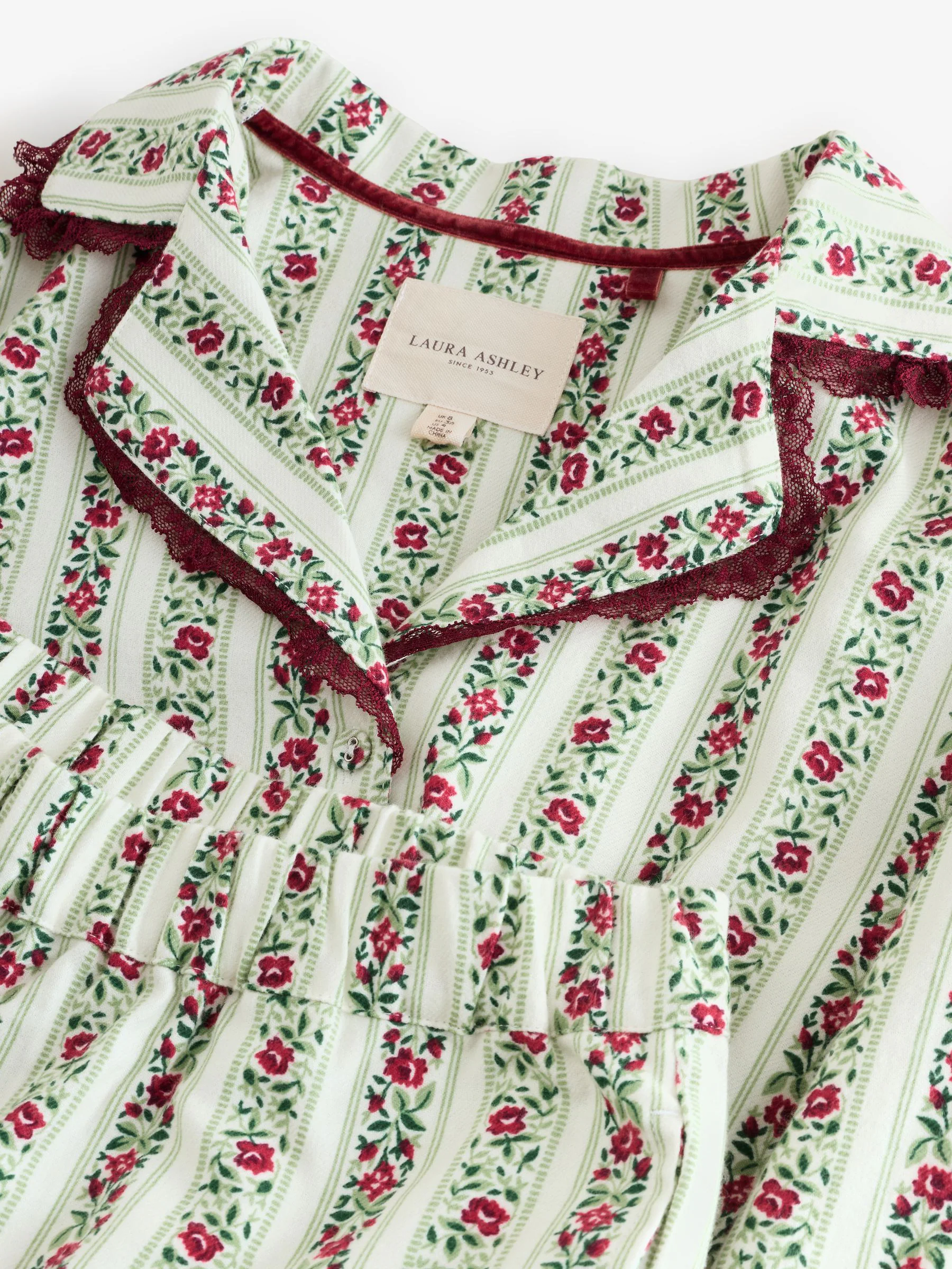 Laura Ashley Festive Christmas Kelbrook Stripe Button Through Pyjamas with Lace Edge