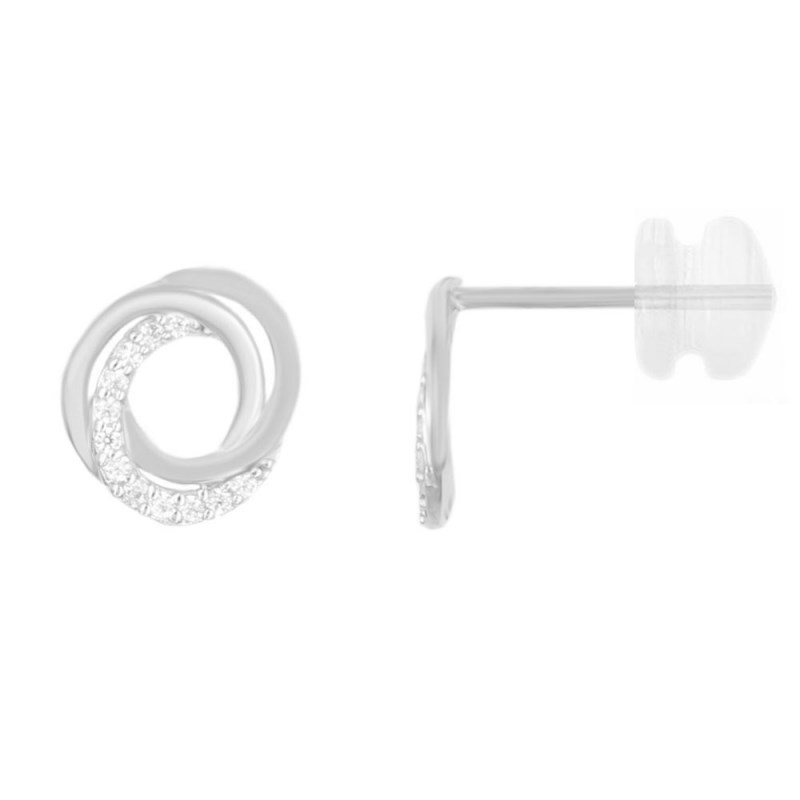 Boucles d'Oreilles Or Blanc et Zirconiums - Motif Anneau Enlacés Serti