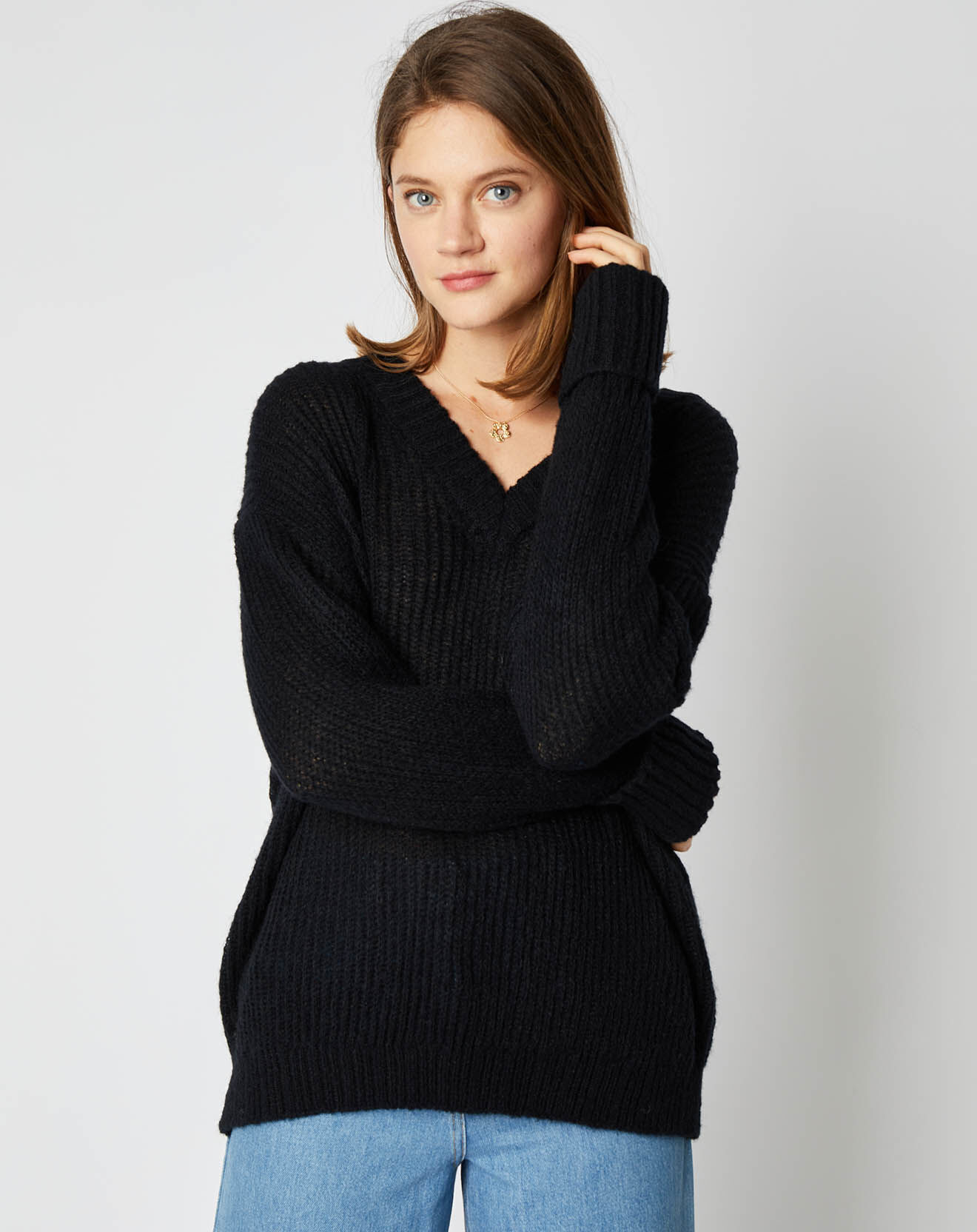 An'ge Pull en Maille mélangée Leena Col V noir