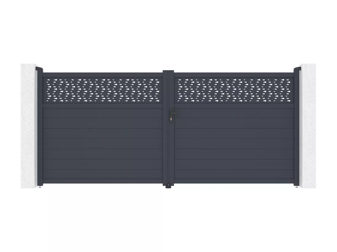 Portail battant aluminium semi plein à motifs L397 x H181 cm anthracite - BAZIO