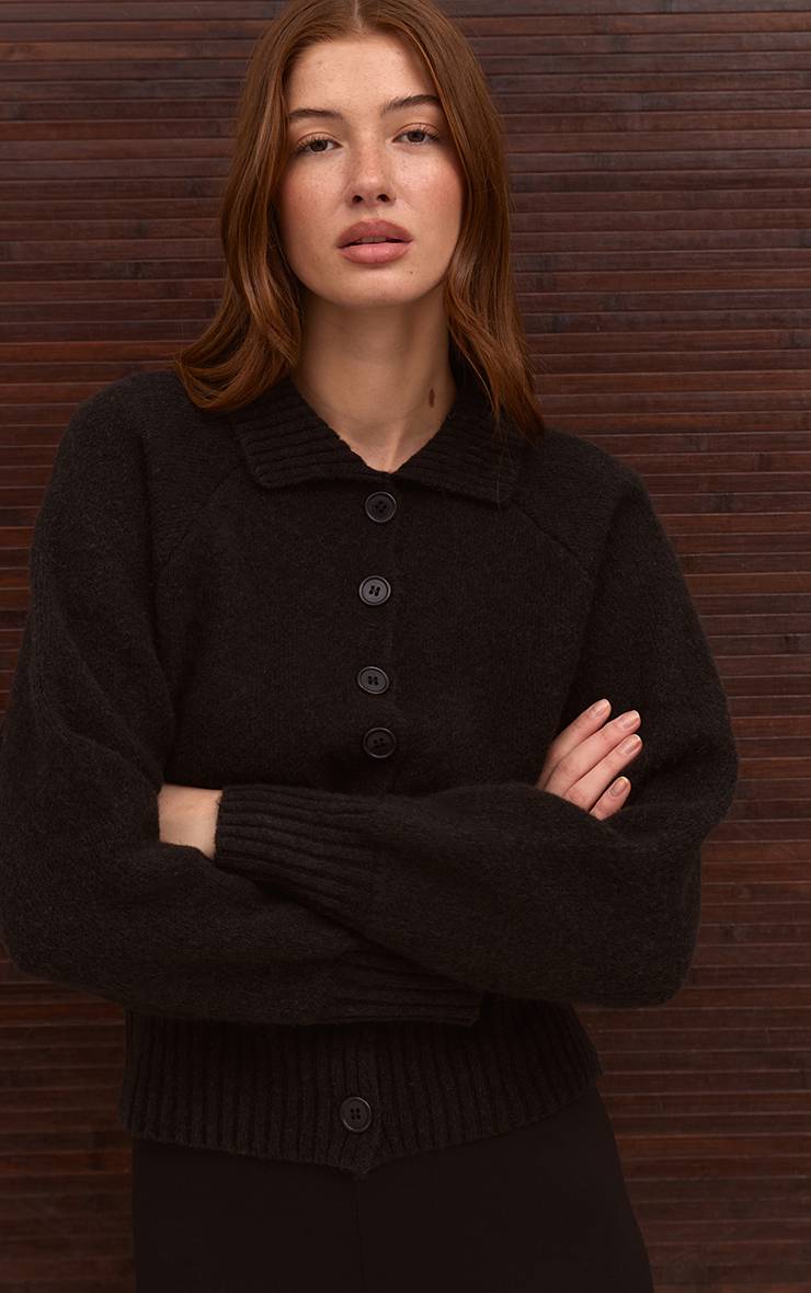 Noir Cardigan Tricoté À Col Avec Détail À La Taille