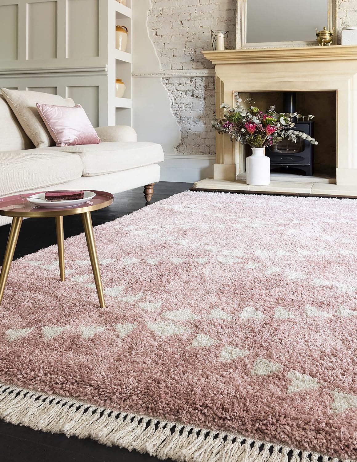 Lord of Rugs – Dakari Nuru geometrisches Tribal-Design, hochwertig, dick, weicher Zottelteppich, Pink & Cream & Grey, 120x170 cm (4'x5'6'')