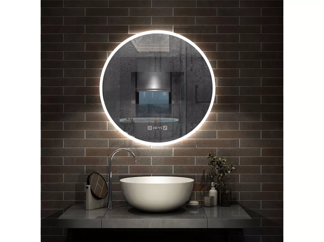 Miroir de Salle de Bain lumineux 60cm rond LED avec Horloge, Mural Miroir avec 3 Couleurs + Dimmable + Anti-buée,Interrupteur Tactile Étanche IP44