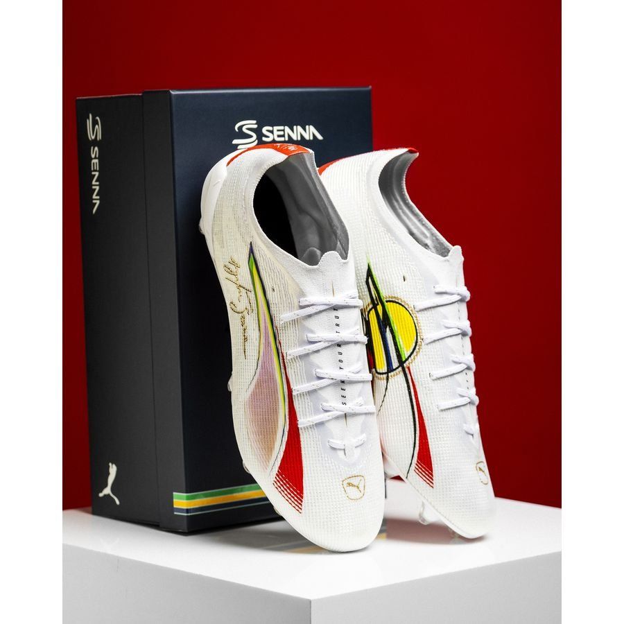 PUMA Ultra 5 Ultimate FG Senna - Blanc/Doré/Rouge ÉDITION LIMITÉE