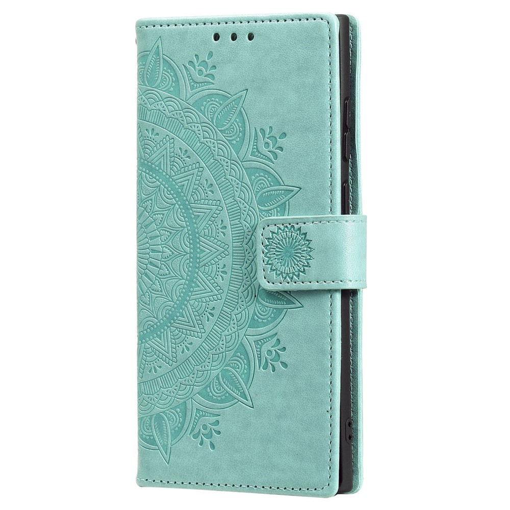 Samsung Galaxy S25 Ultra Leder Tasche Wallet - Mandala Flowers Imprint - Türkis