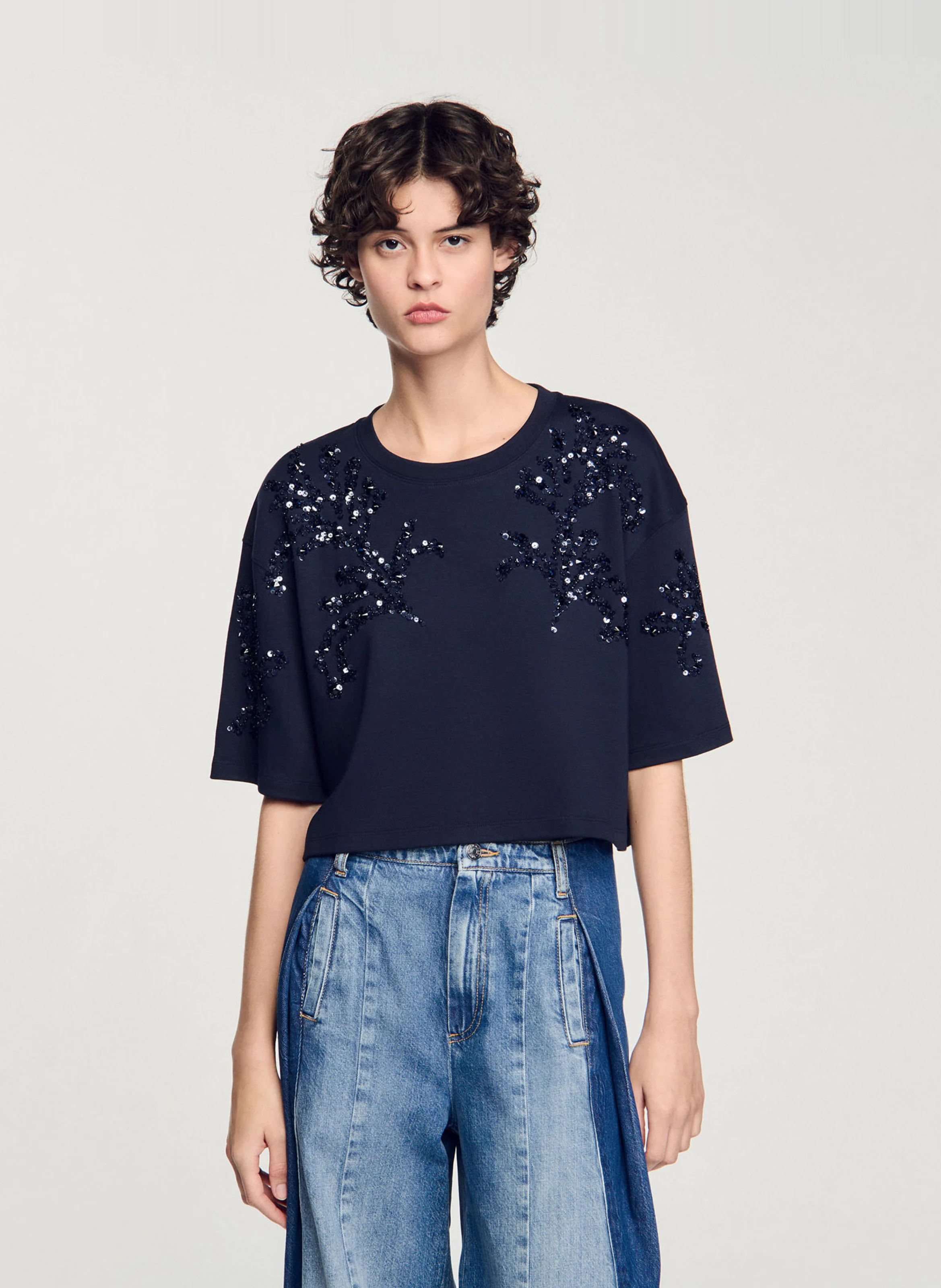 Tee-shirt perlés en coton mélangé | Bleu