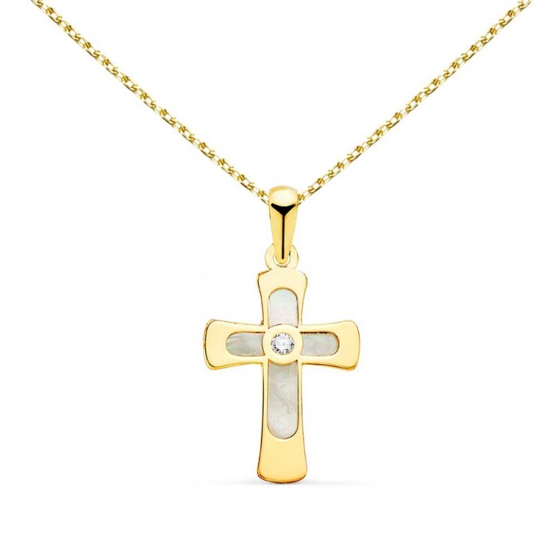 Collier - Médaille Croix Or 18 Carats 750/000 Jaune et Nacre - Chaine Dorée
