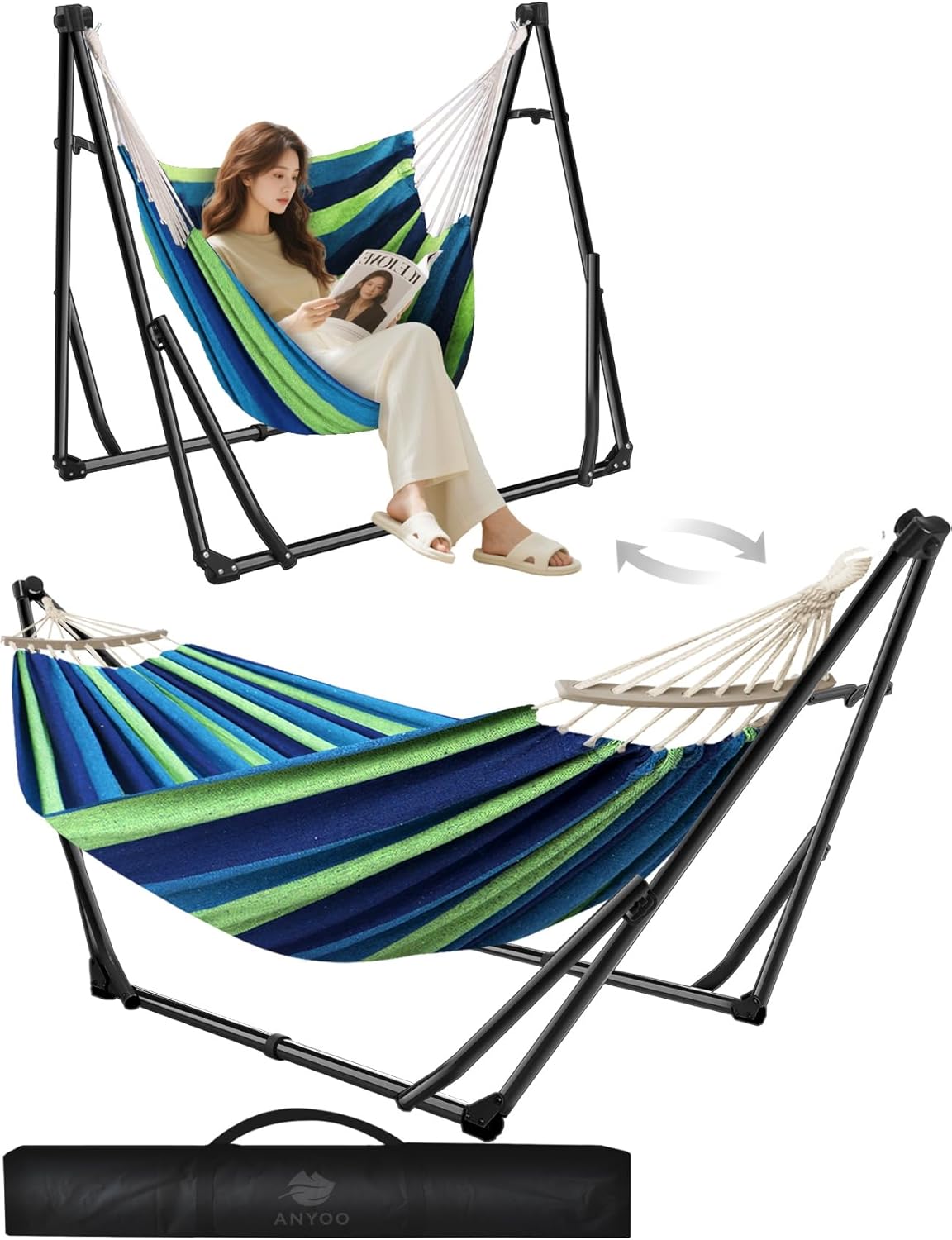 ANYOO Hängematte und Hängesessel mit klappbarem Gestell, tragbares Hängemattengestell-Set für den Outdoor/Indoor Garten Terrasse Camping Deck