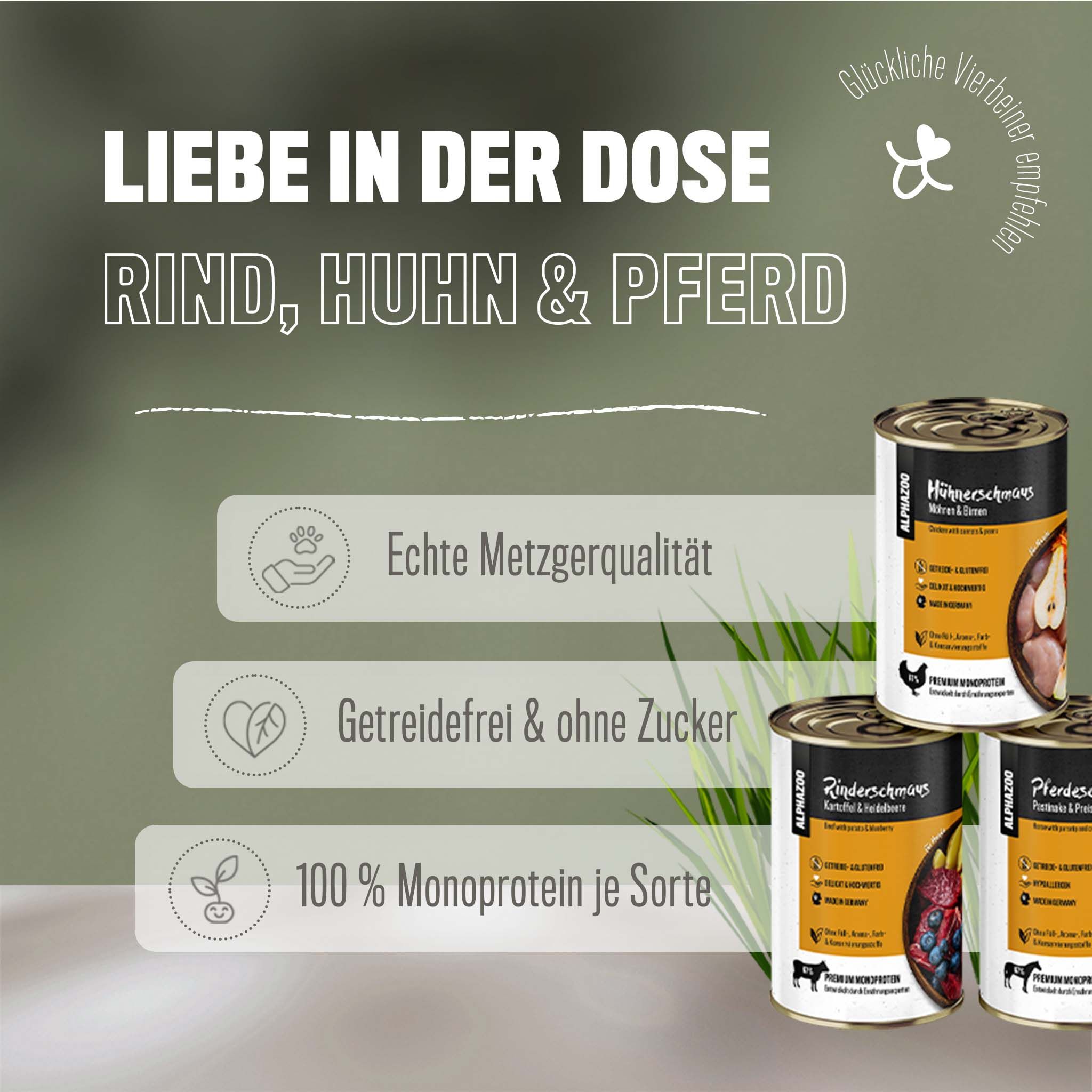 ALPHAZOO Probierschmaus, Nassfutter Probierpaket (Rind, Huhn, Pferd) für Hunde