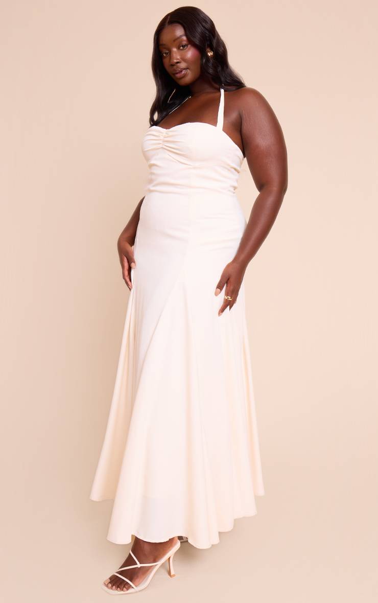 Crème Robe Longue Grande Taille Tissée À Encolure Américaine Avec Détail Froncé Au Buste