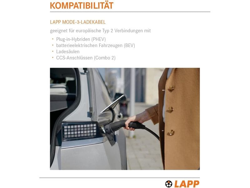 Lapp Ladekabel für Elektroauto Typ 2, 7.4kW, 32A, 5 m, Schw 3-phasiges Helix-Kabel zum Laden von Hybrid- und Elektroautos mit Typ-2-Anschluss
