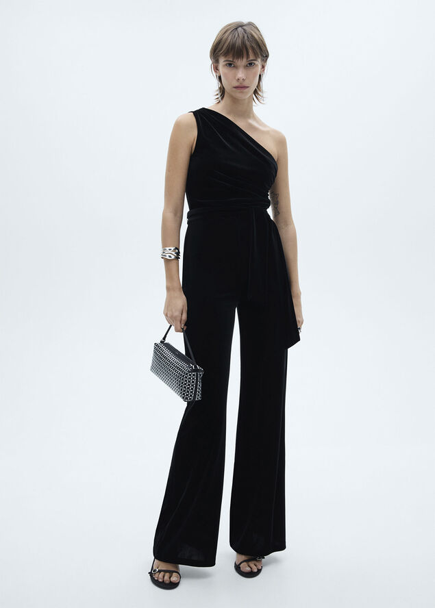 MANGO Asymmetric velvet jumpsuit Black