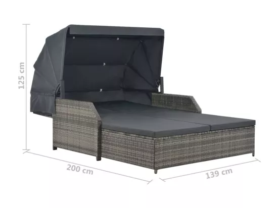 Chaise longue à 2 places avec auvent Résine tressée Gris