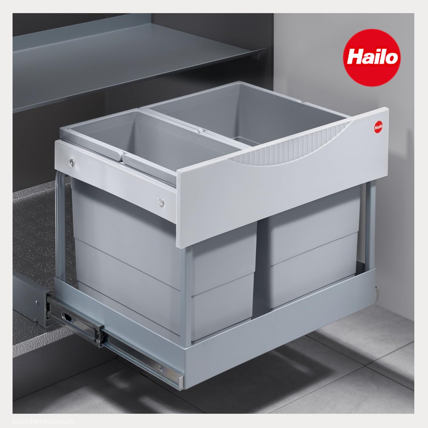 Hailo Abfallsammler 3644801 | 30L Einbau-Mülleimer mit 2-fach Trennung | Raumspar Tandem System für 60cm Unterschrank | Abfalleimer mit Ausfahrautomatik | Mülltrennsystem für Einbauküchen | Hellgrau