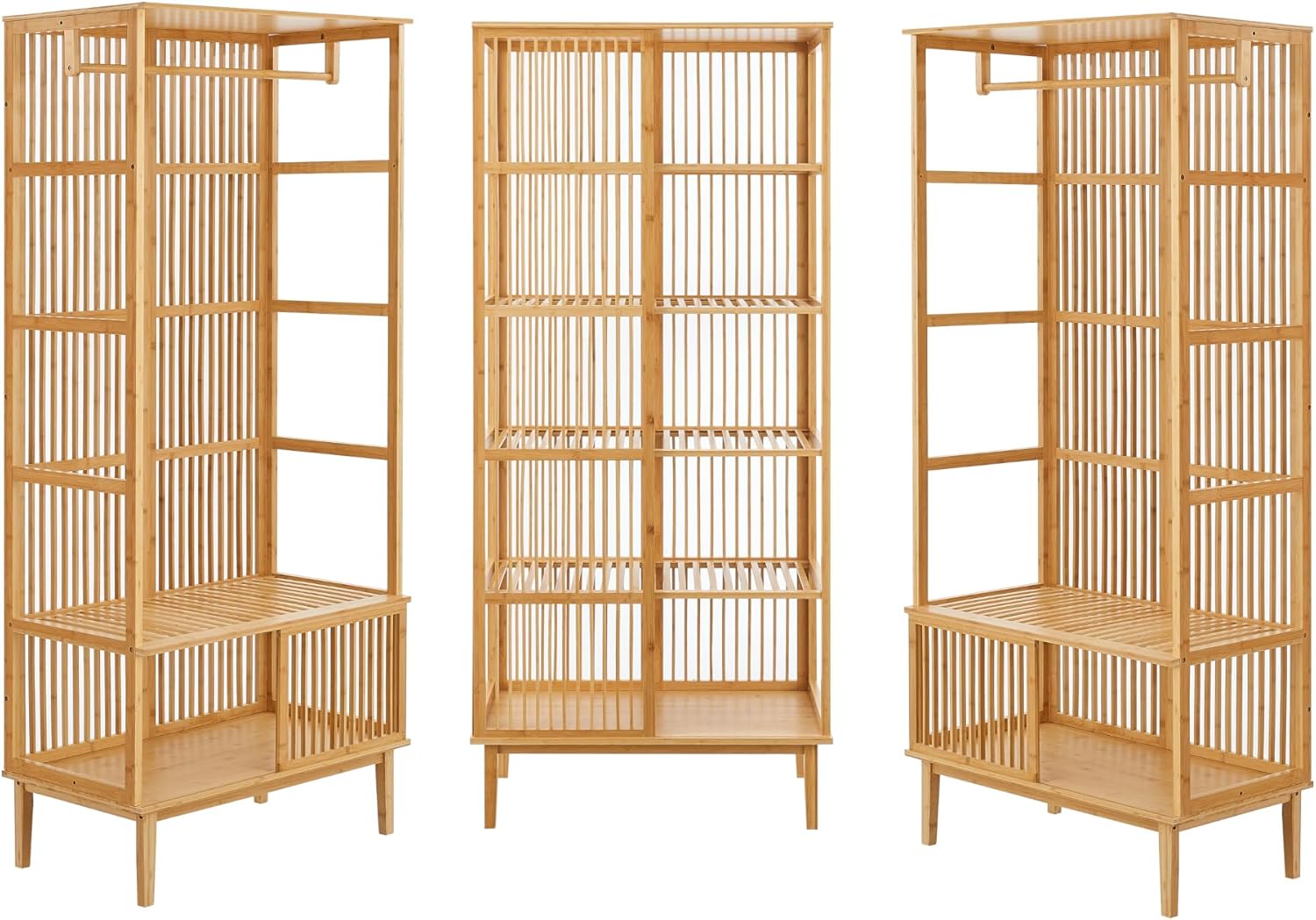 [en.casa] Garderobenset Trundholm + Vemb 185 x 240 x 45 cm aus Bambus 1 x Standregal mit 5 Ablagefächern und 2 x Garderobenständer für Flur Schlafzimmer Wohnzimmer