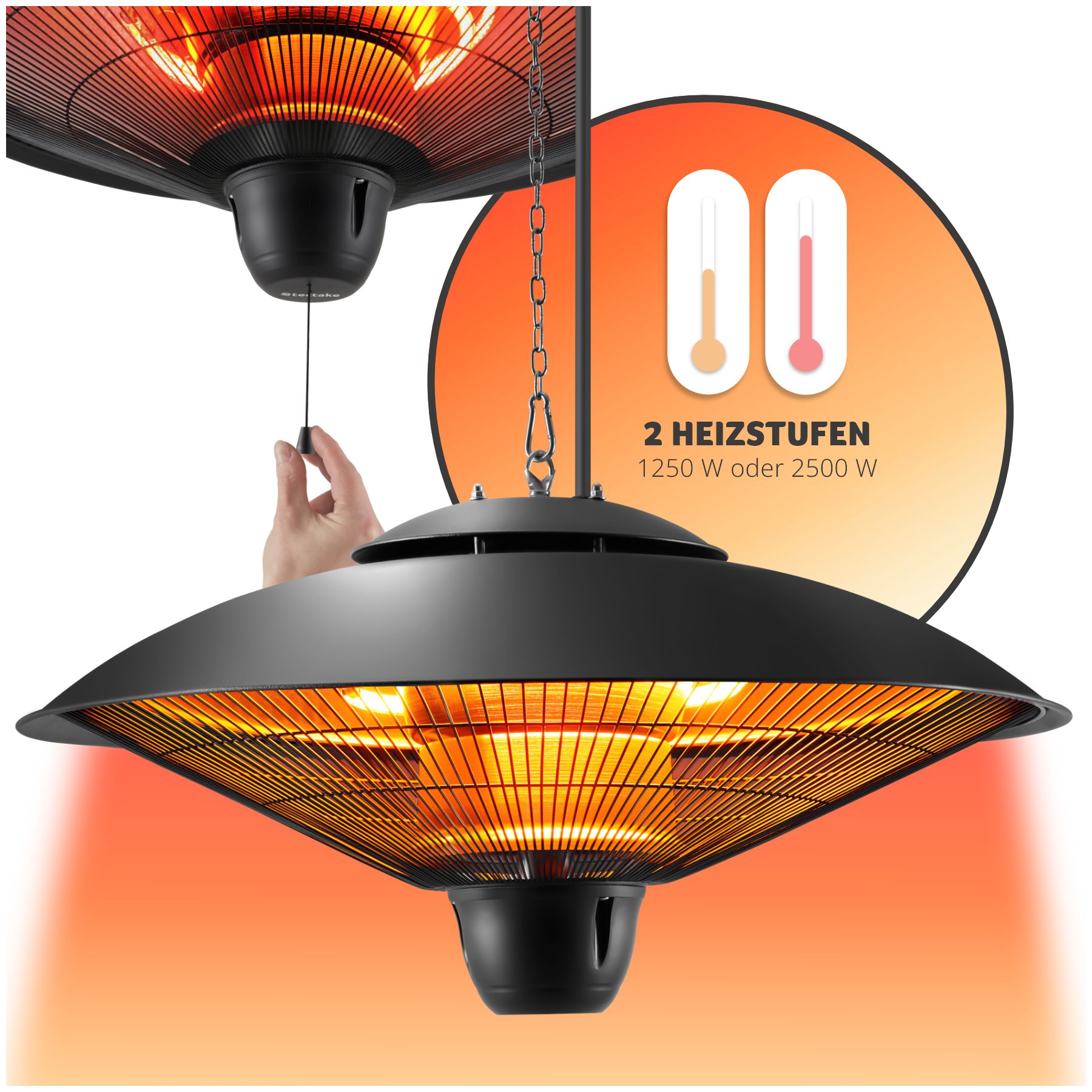 tectake® Infrarotheizstrahler, 2 Leistungsstufen, 1250 und 2500 W, Aluminiumgehäuse, einfache Montage, 58 x 58 x 32 cm