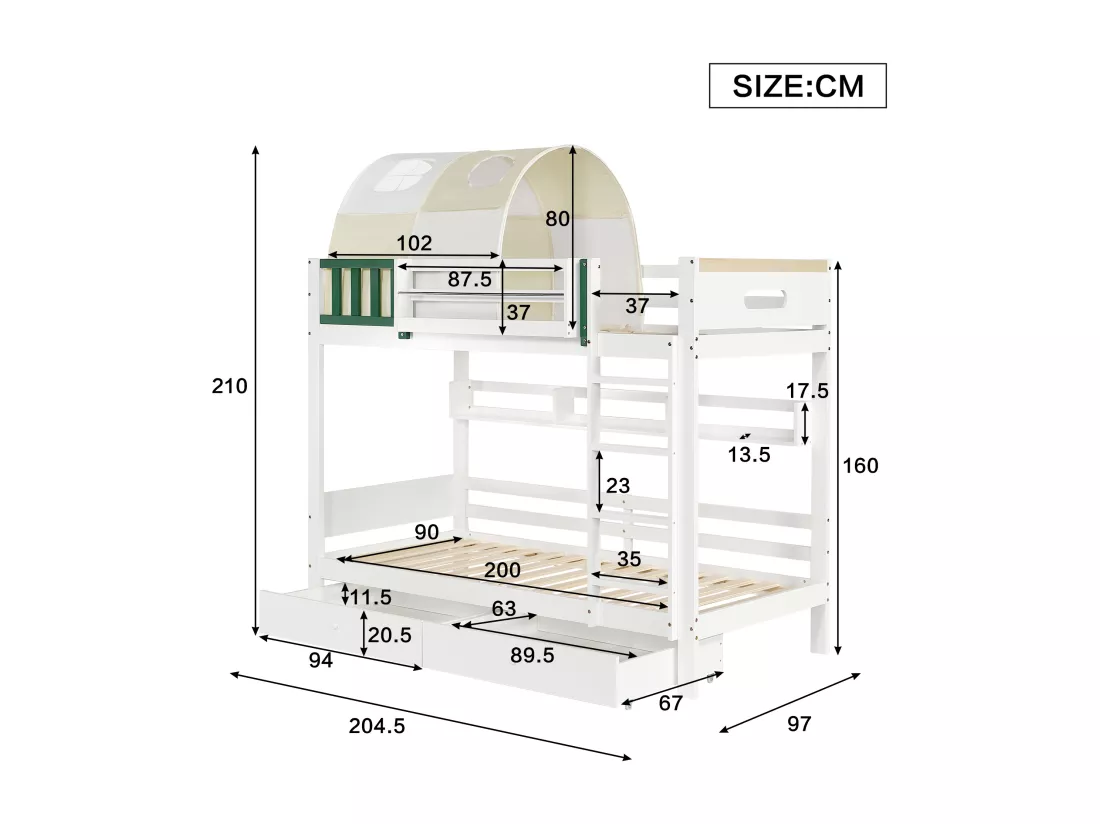 Lits superposés 2 x 90 x 200 cm avec 2 tiroirs, étagères de rangement et petite tente - Bois massif + MDF - Sommier à lattes - Blanc