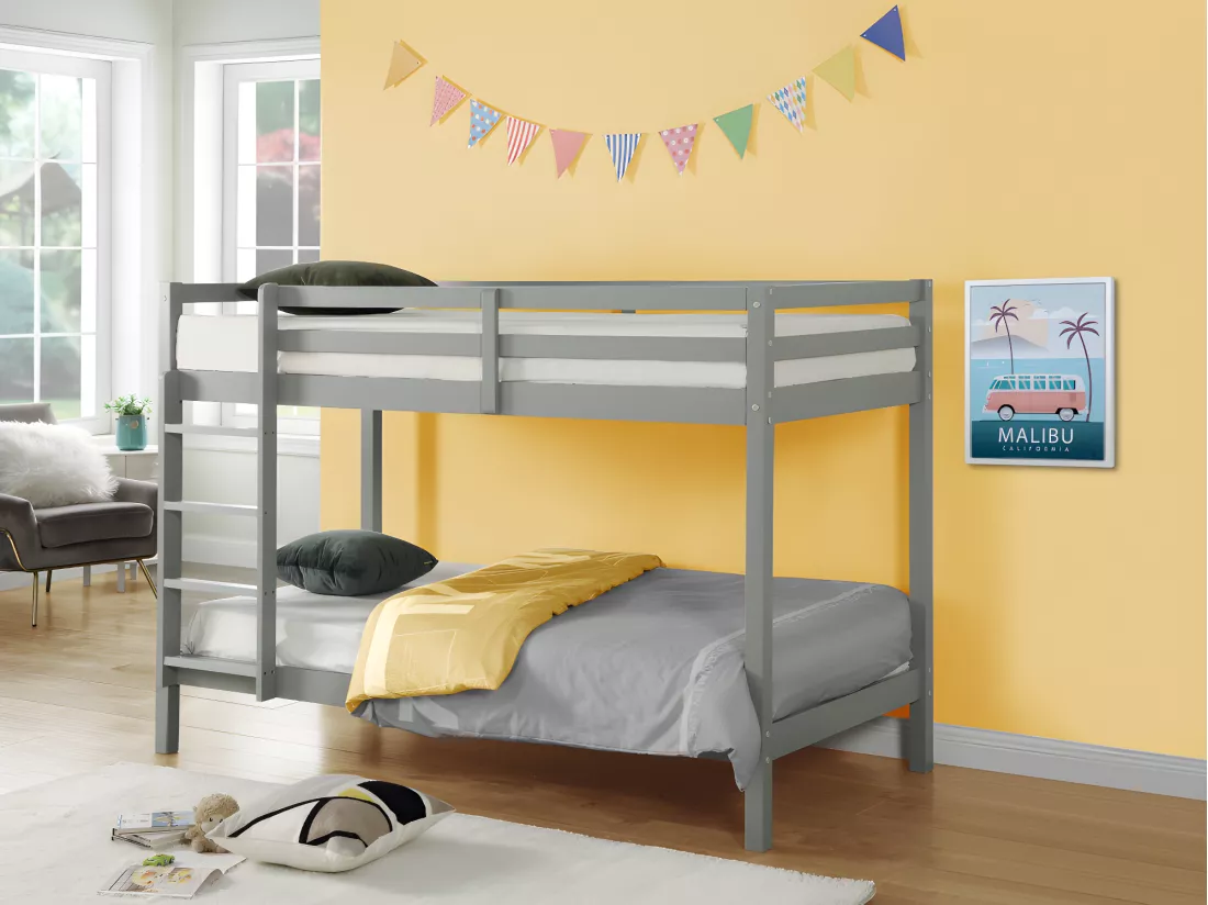 Lits superposés ANICET II - 2 x 90 x 190cm - Pin Massif - Gris + matelas