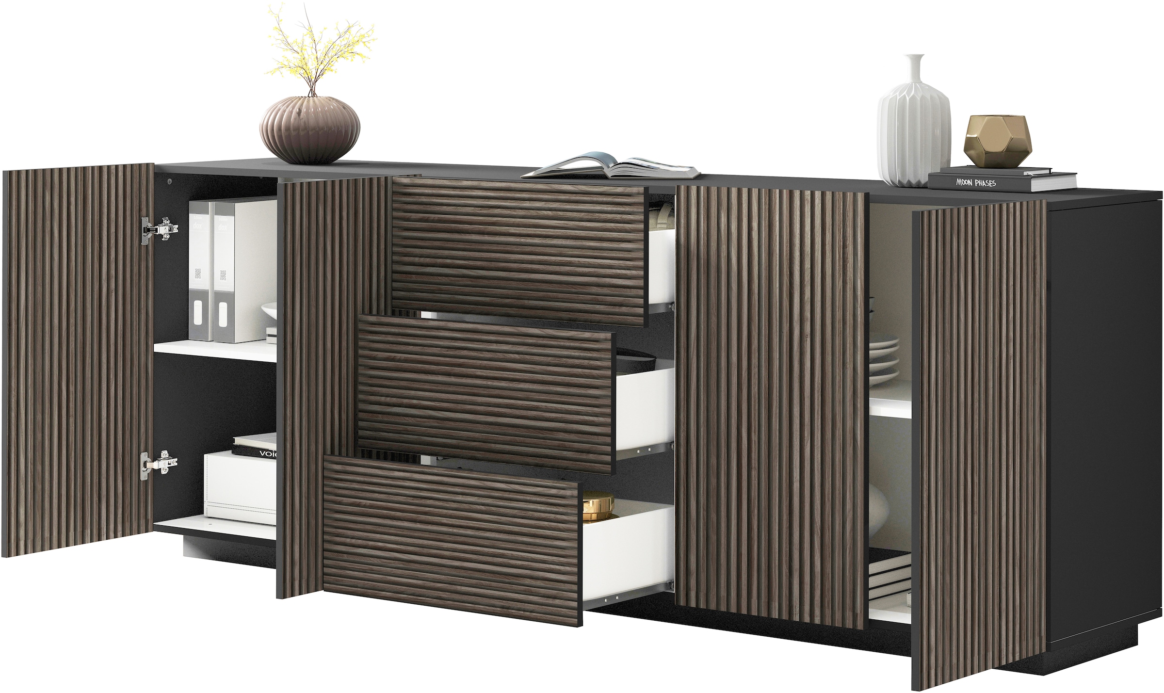 INOSIGN Sideboard »Vega Sideboard,Kommode,220 cm« mit 4 Türen und 3 Schubladen,Fronten mit Rillen-Optik