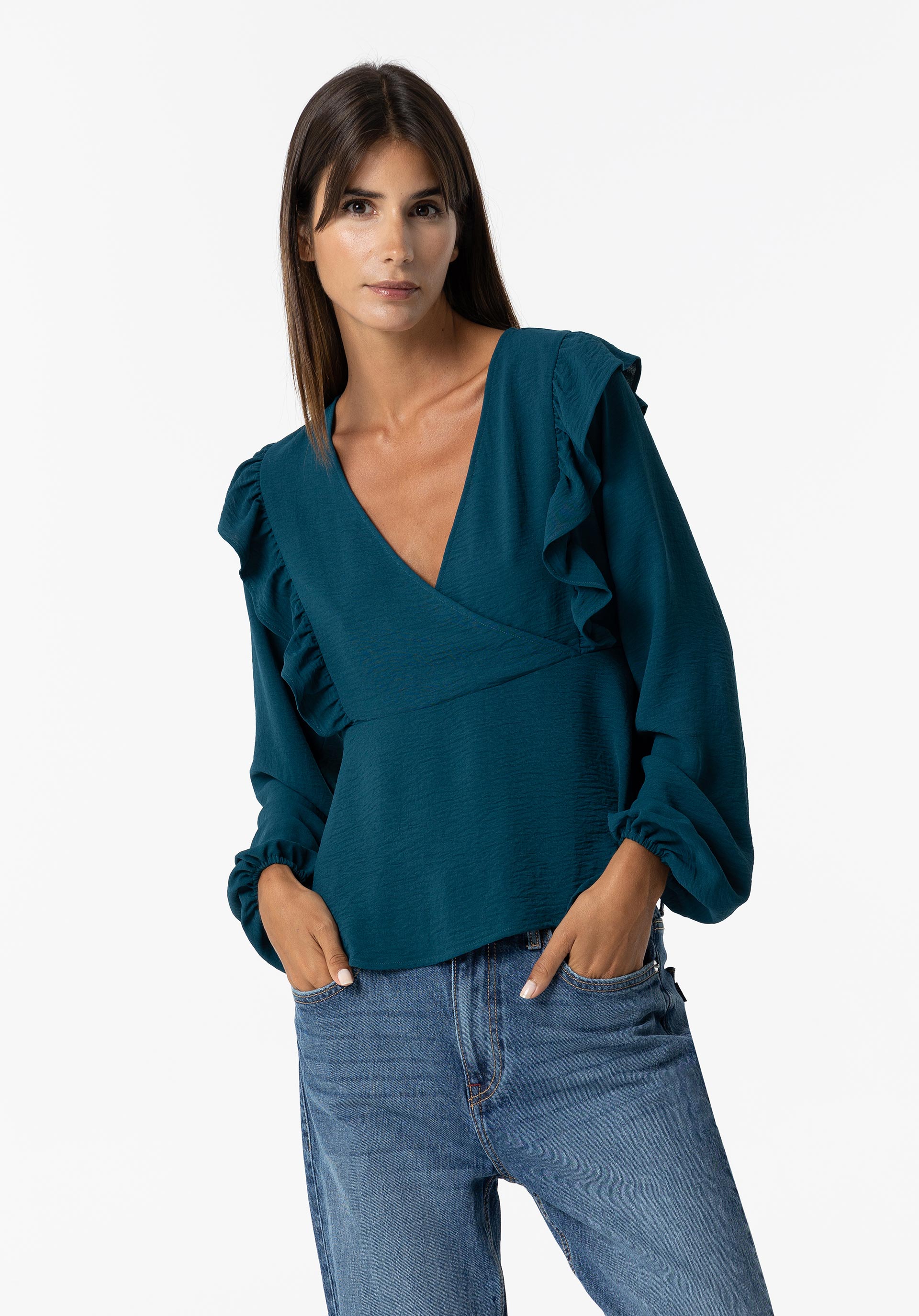 Blusa Efeito Enrugado Cruzada com Folho