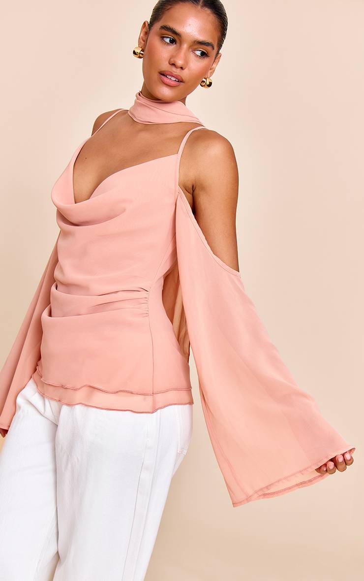 Mauve Haut Long En Mousseline Avec Foulard Drapé