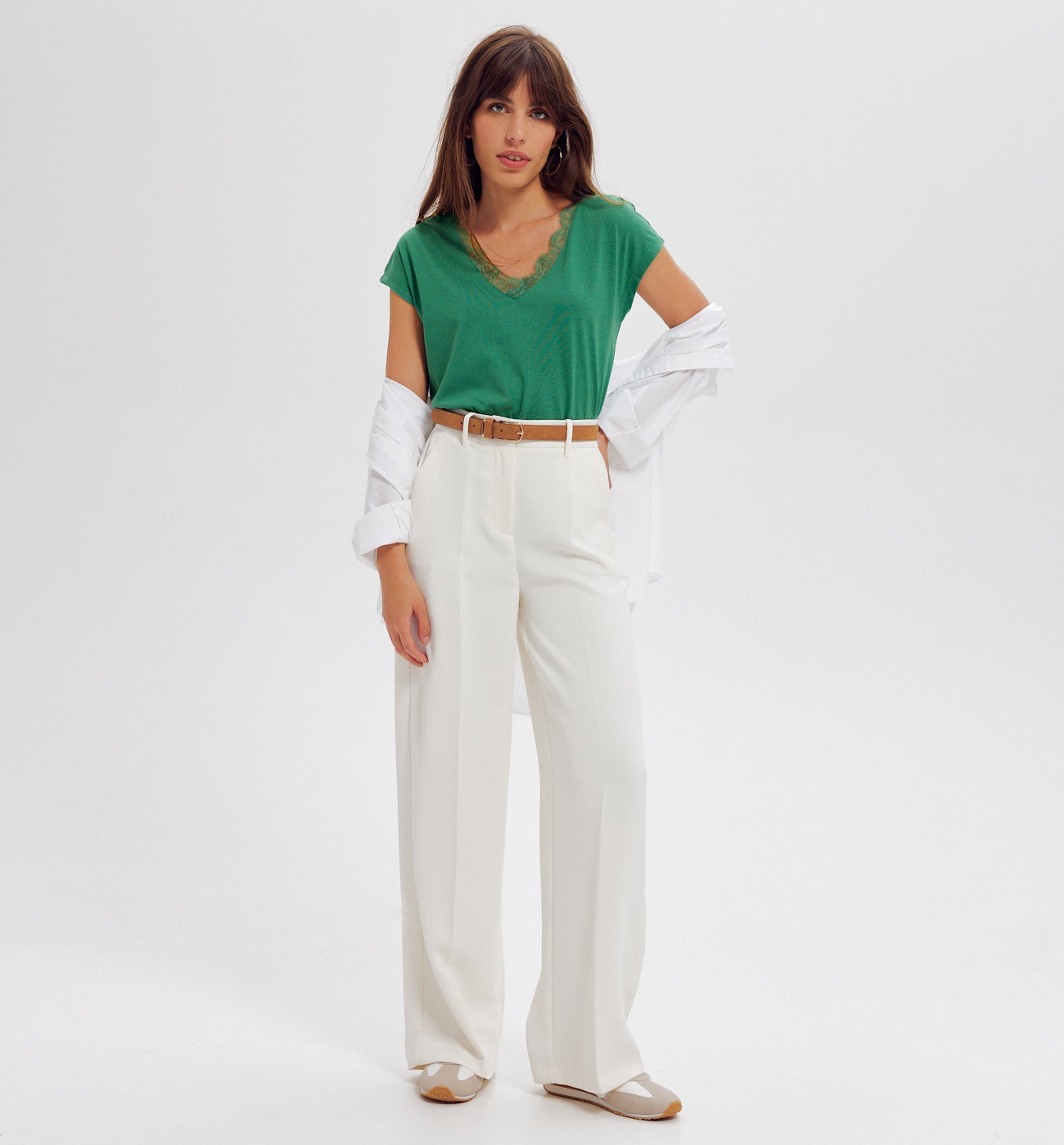 T-shirt détail dentelle Femme - Vert foncé