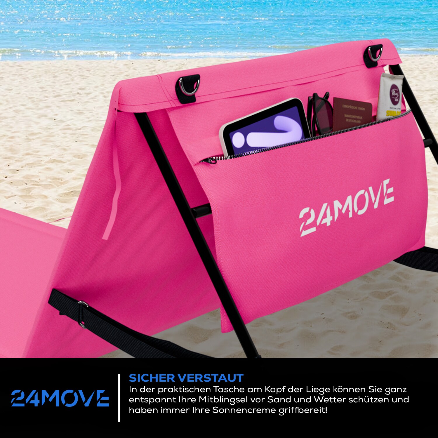 24MOVE® Strandmatte 1er Set klappbar mit Rückenlehne, Strandliege mit Gurt, tragbar für Strand und Garten, Liegematte rosa