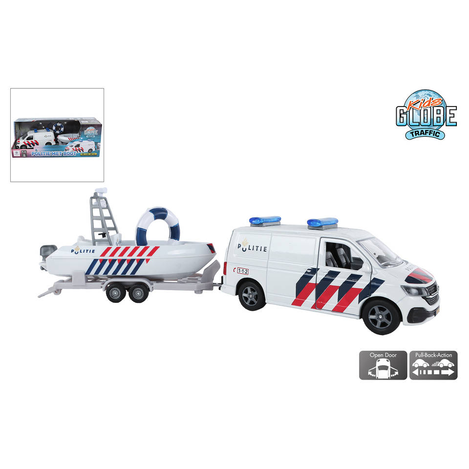 Kids Globe Traffic VW Transporter politiewagen met boot