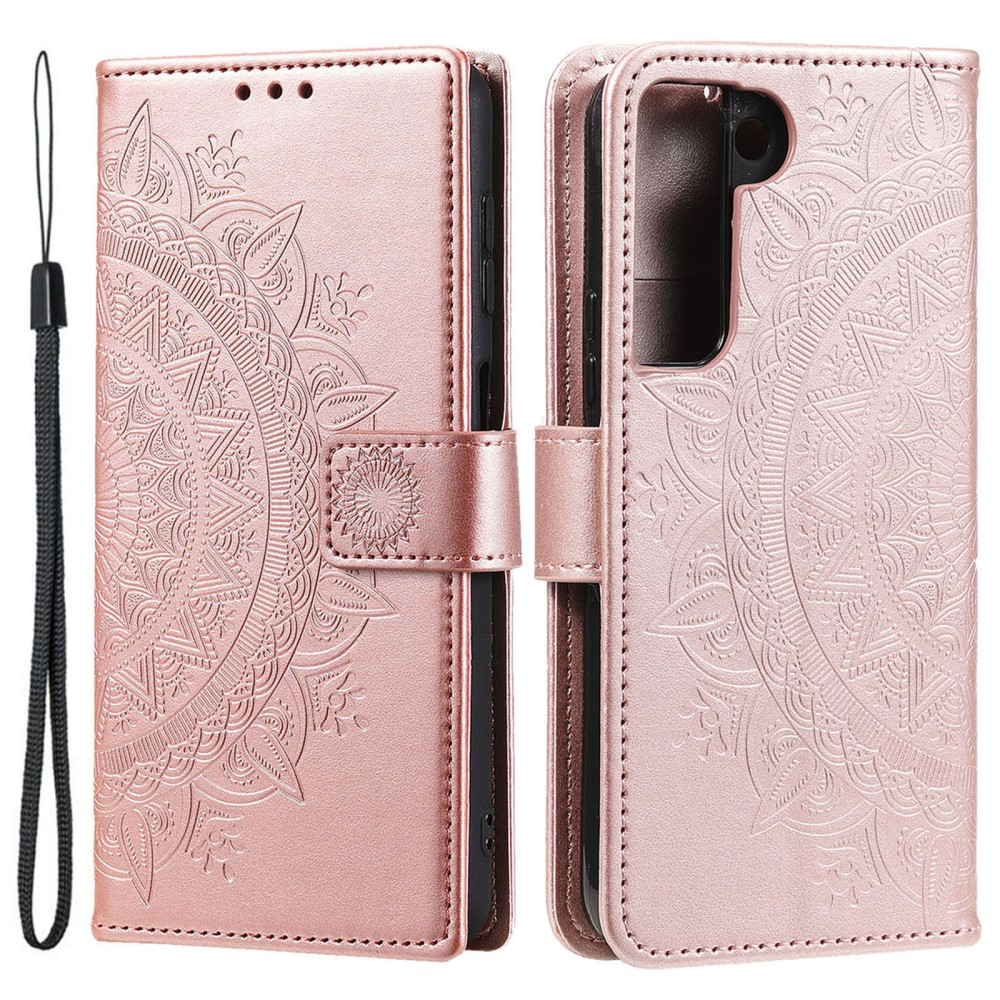 Samsung Galaxy S22 5G Leder Tasche Wallet - Mandala Flowers Imprint - Roségold