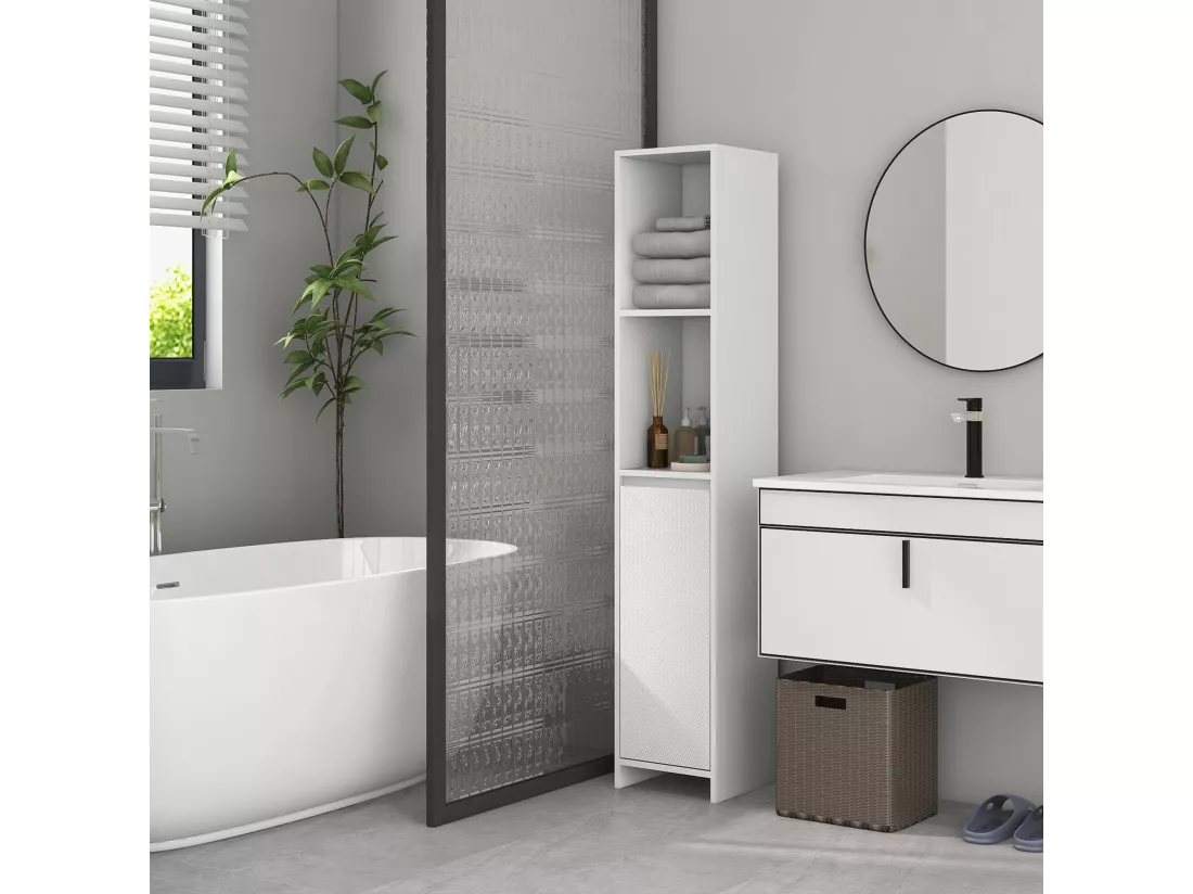 Meuble colonne salle de bain porte 2 étagères dim. 30L x 30l x 160H cm blanc