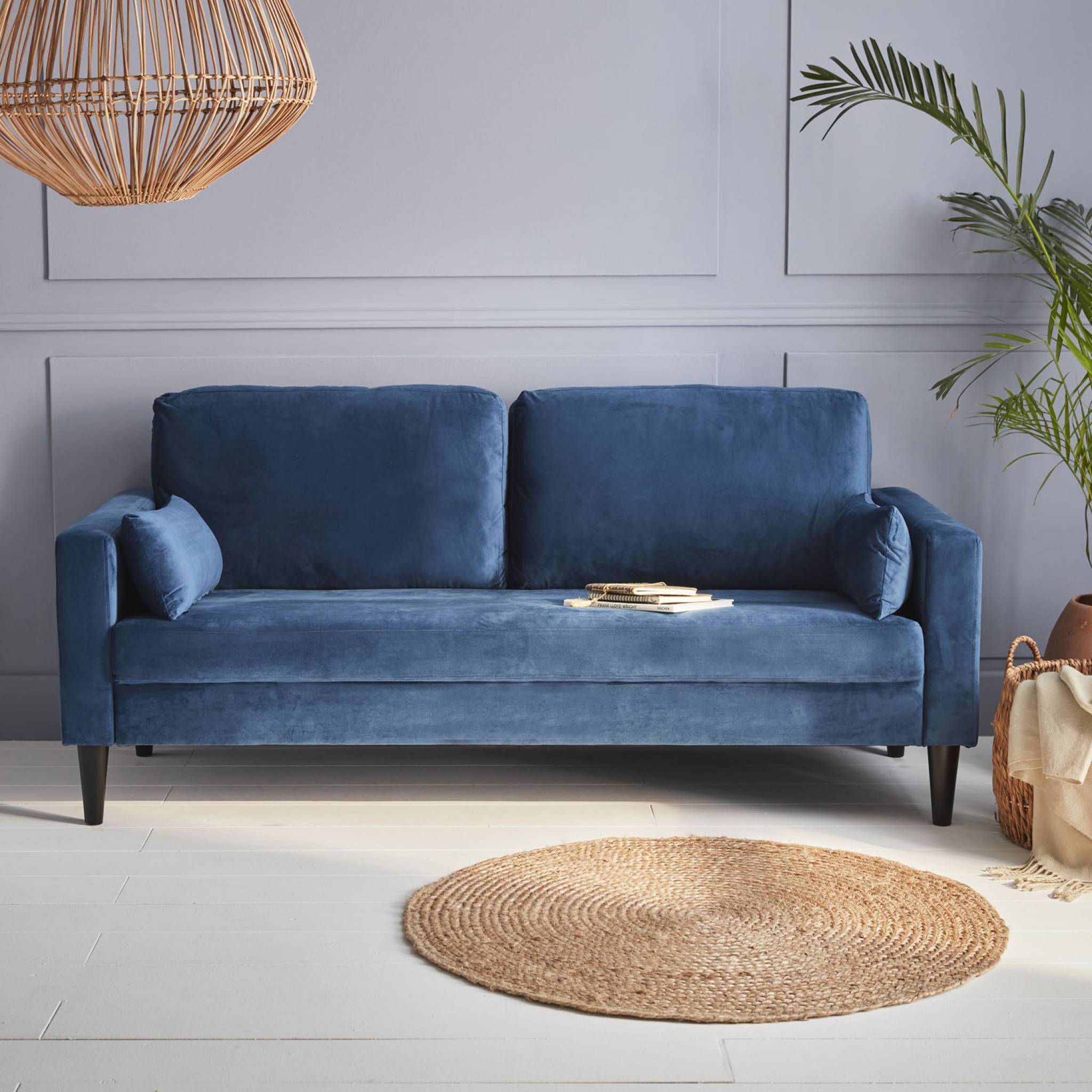 Canapé en velours bleu - bjorn - canapé 3 places fixe droit pieds bois. Style scandinave