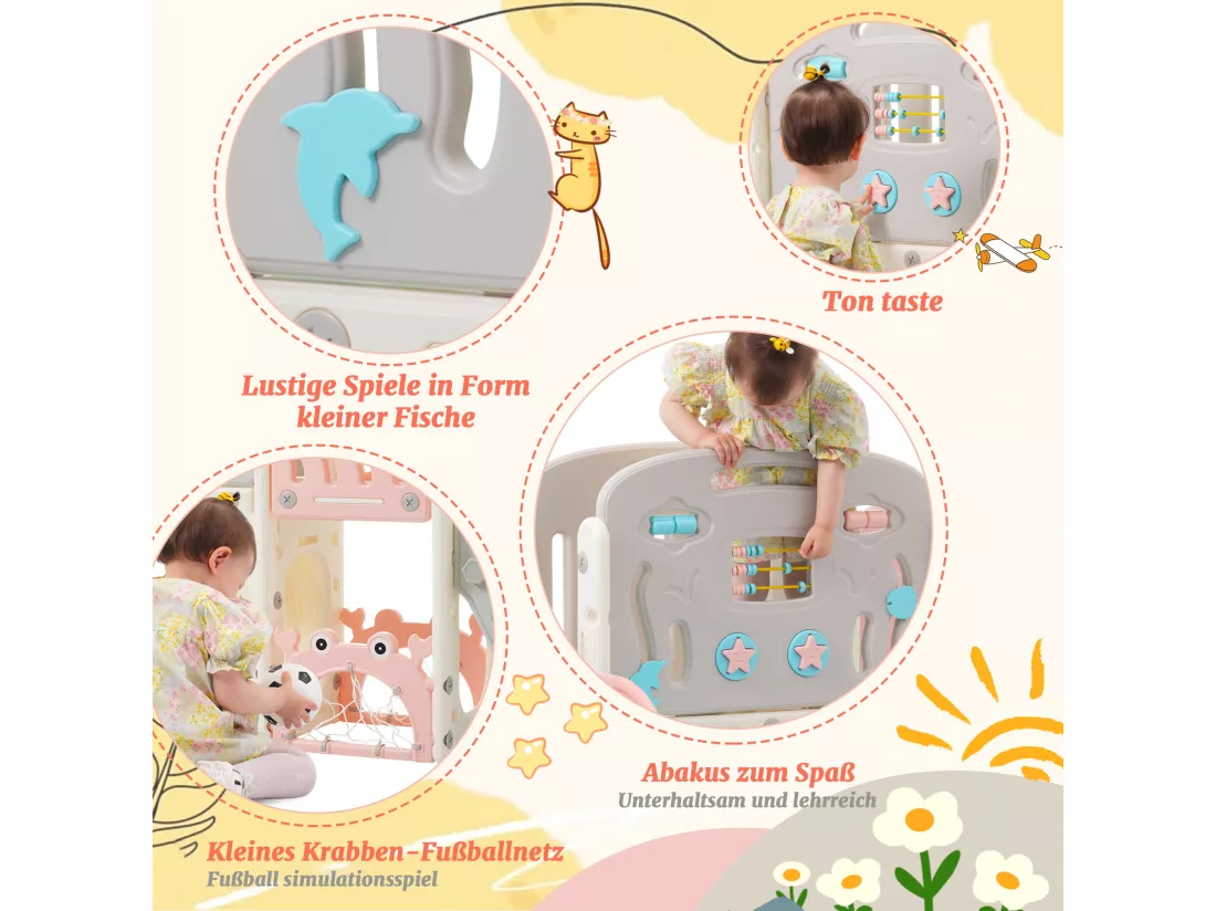 Balançoire Tout-petits enfants 11 en 1 - 193 x 167 x 97cm - en matériel HDPE - avec toboggan et panier basket - Rose
