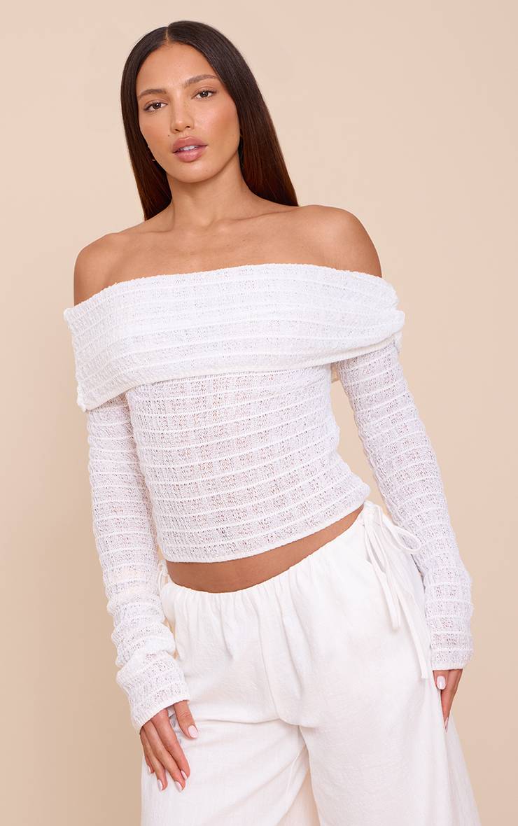 Blanc Haut En Maille Texturée Col Bardot Pour Grande Taille