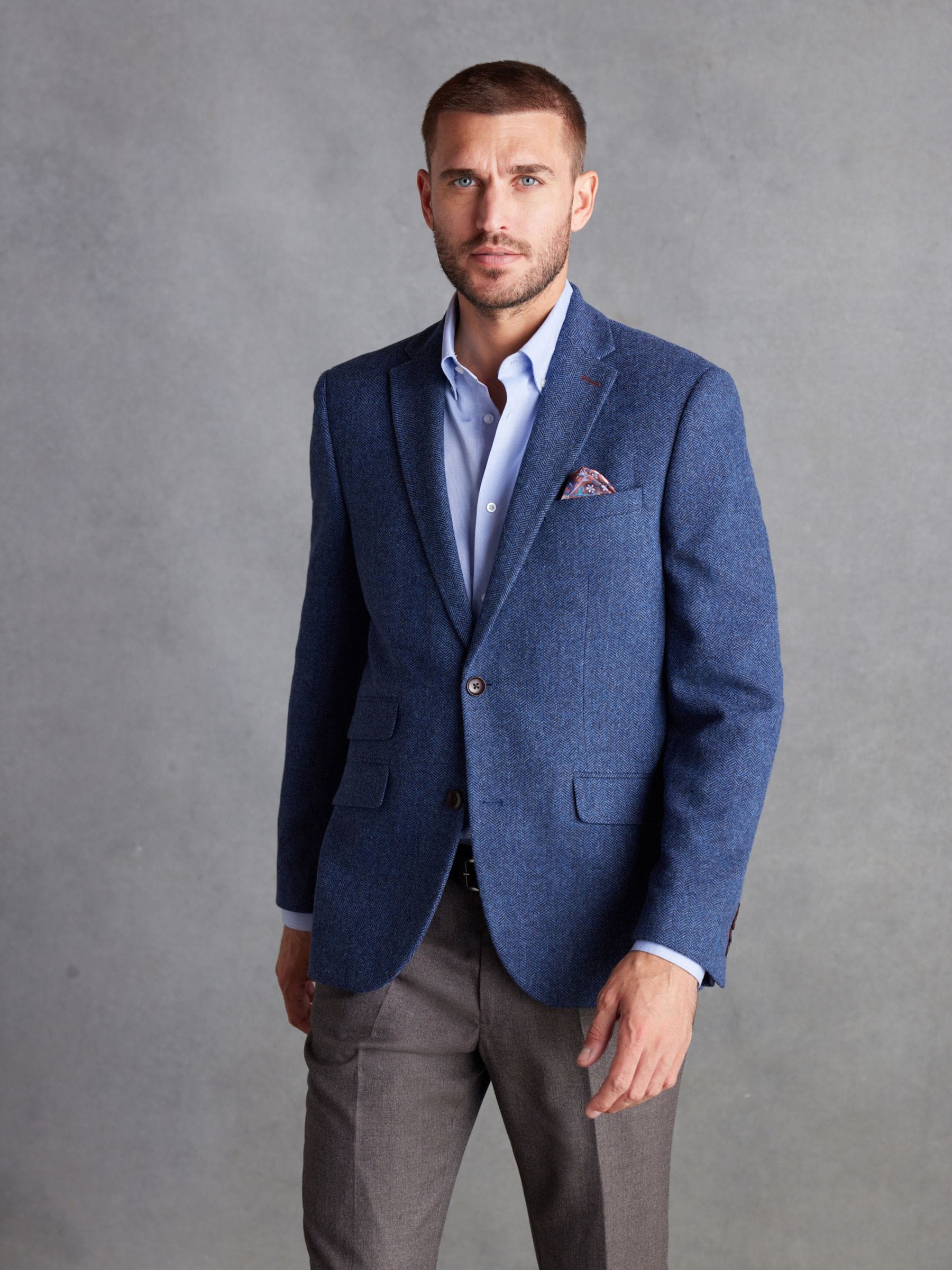 Blauw - Normale Pasvorm - Signature Nova Fides Blazer van wolblend met visgraatmotief