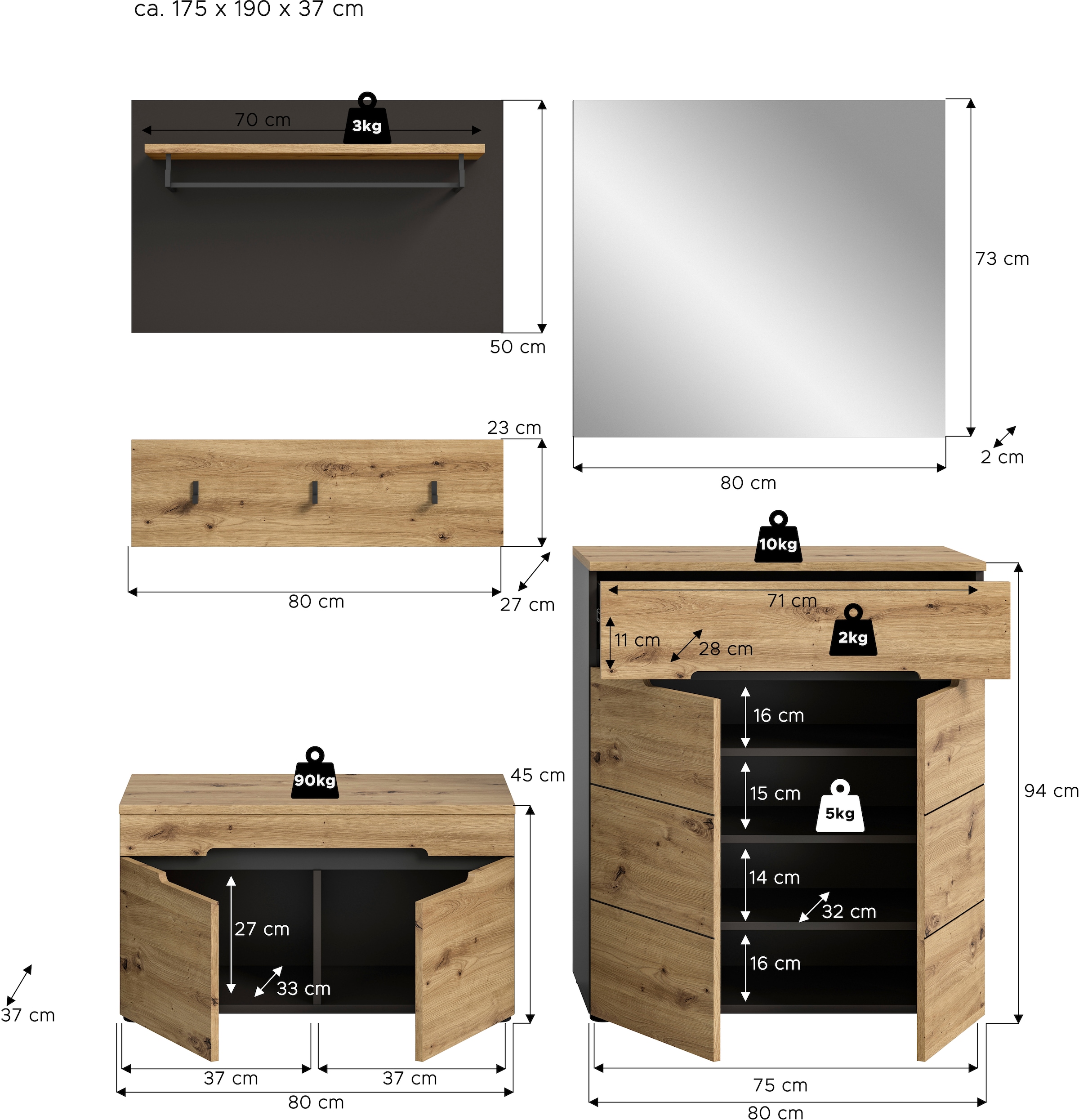 INOSIGN Garderoben-Set »REHAT, TOPSELLER!, 5-teilig, Breite 175cm, individuell stellbar« bestehend aus: Sitzbank, Paneel, Hakenleiste, Spiegel, Kommode, 4 Stk. tlg.